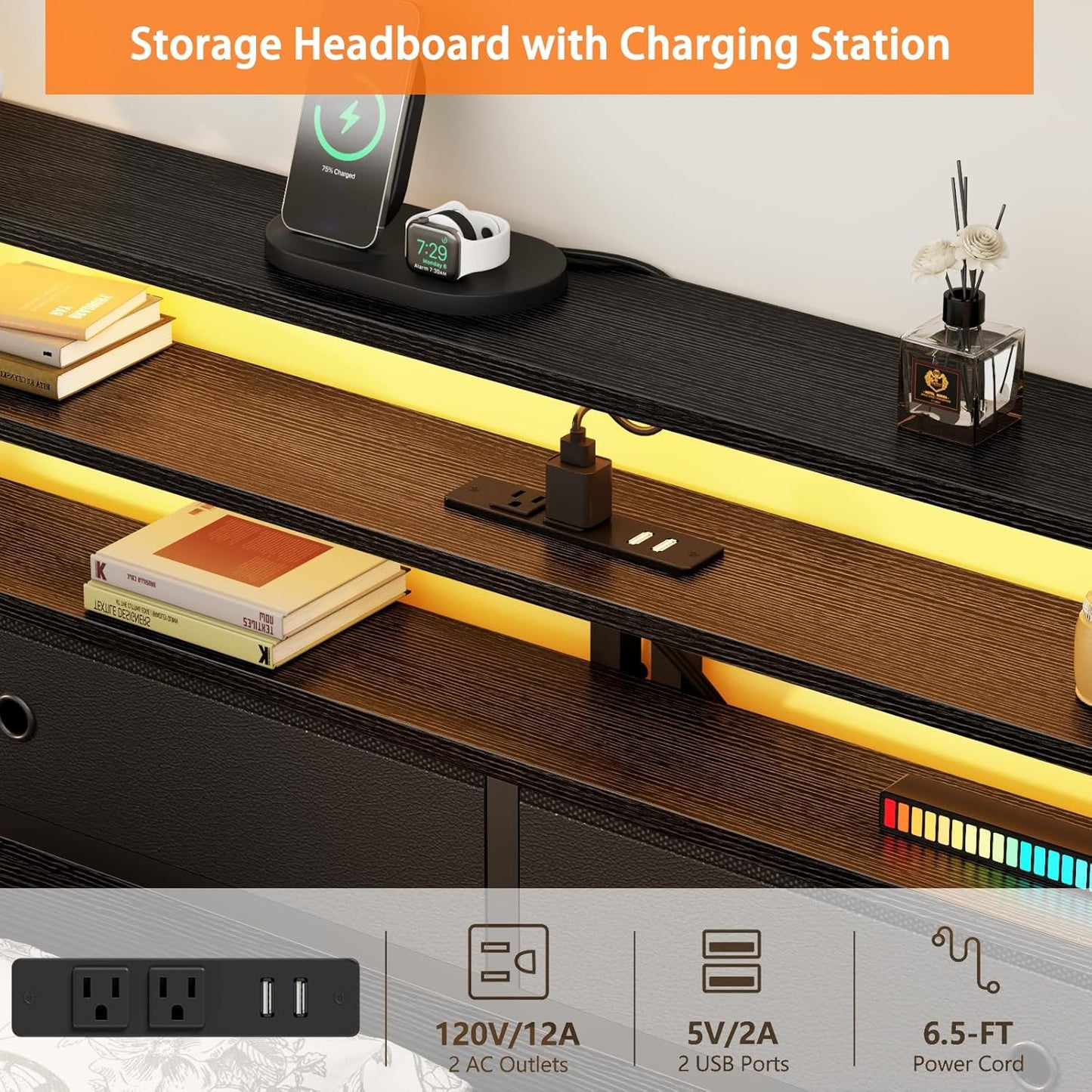 Furnulem Queen Bed Frame with Headboard & 2 Fabric Drawers, Bed Frame Queen Size Featuring LED Lights, Built-in Charging Station & Storage Shelves, Metal Slats, No Box Spring Needed – Black Oak