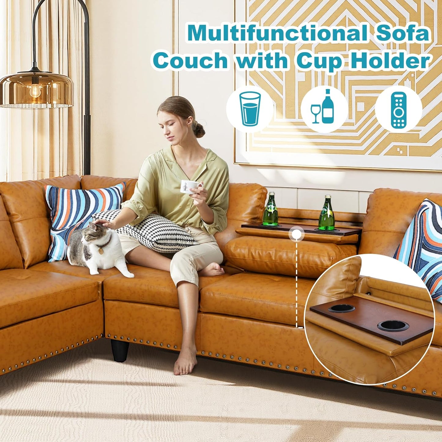 L Shaped Couch PU Leather Sectional Couch Upholstered 3 Pieces Sofas for Living Room with Chaise, Storage Ottoman for Office and Small Apartment, Ginger