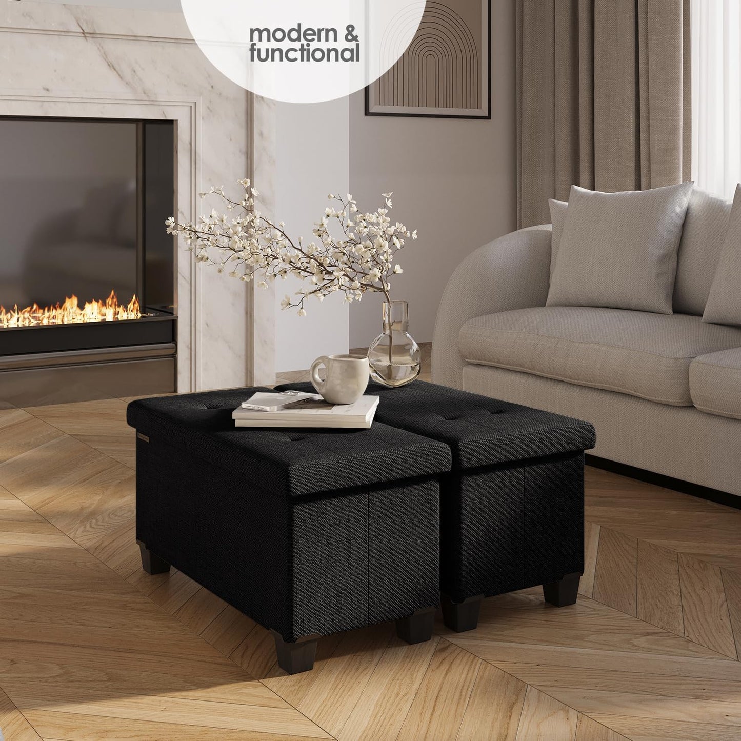 STORAGEBUD Storage Ottoman Bench with Bins, 30-in Storage Bench for Bedroom End of Bed, Folding Foot Rest Ottoman for Living Room Max 660lbs, Fabric Ottomans, Black