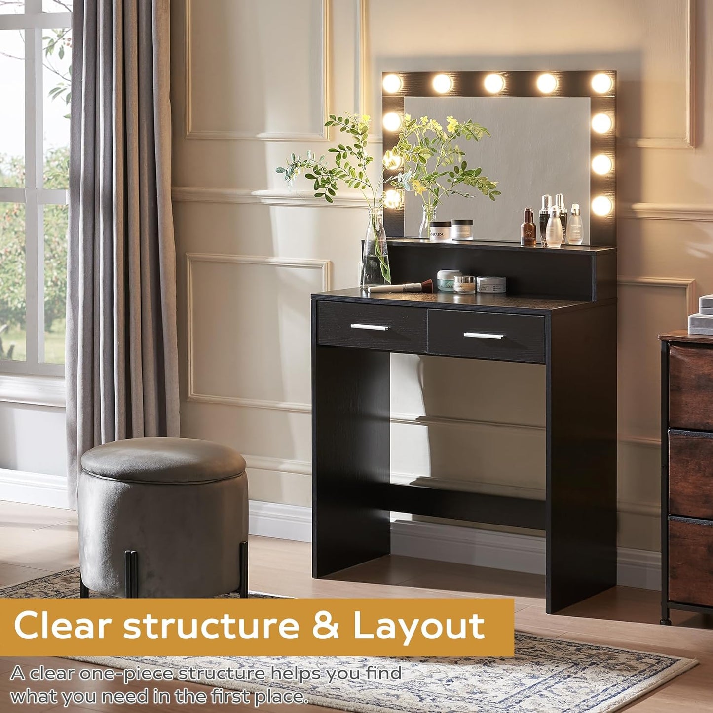 Vanity Desk with Mirror and Lights, Dressing Table with Large Drawer, 2 Level Storage Dresser & 3 Lighting Modes Adjustable Brightness, Suitable for Bedroom