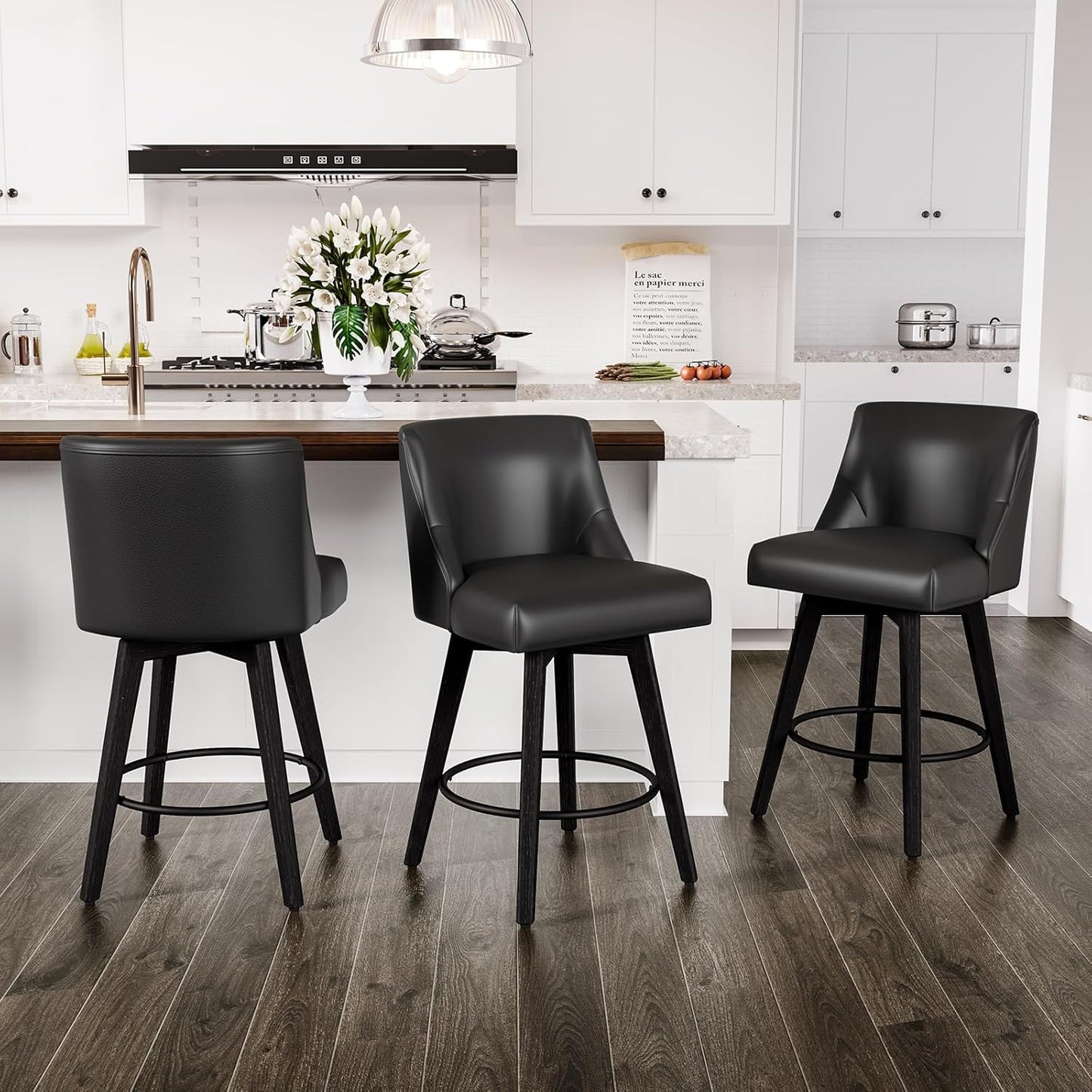 Counter Height Swivel Bar Stools Set of 3, 26 Inch Bar Stools with Footrest, Faux Leather Upholstered Barstools with Back and Solid Wood Legs for Kitchen Island, Dining Room,Pub,Black