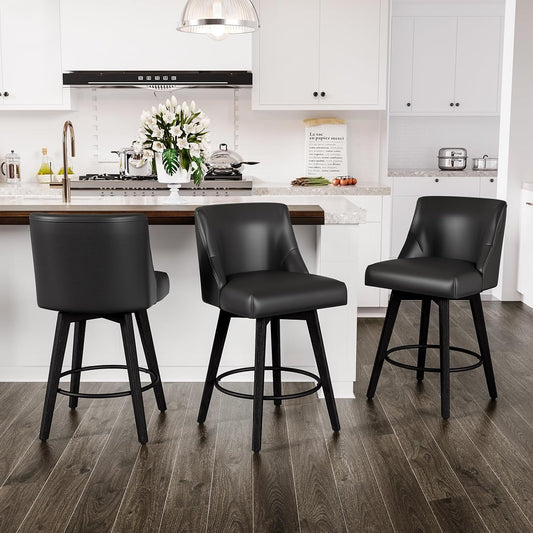 Counter Height Swivel Bar Stools Set of 3, 26 Inch Bar Stools with Footrest, Faux Leather Upholstered Barstools with Back and Solid Wood Legs for Kitchen Island, Dining Room,Pub,Black
