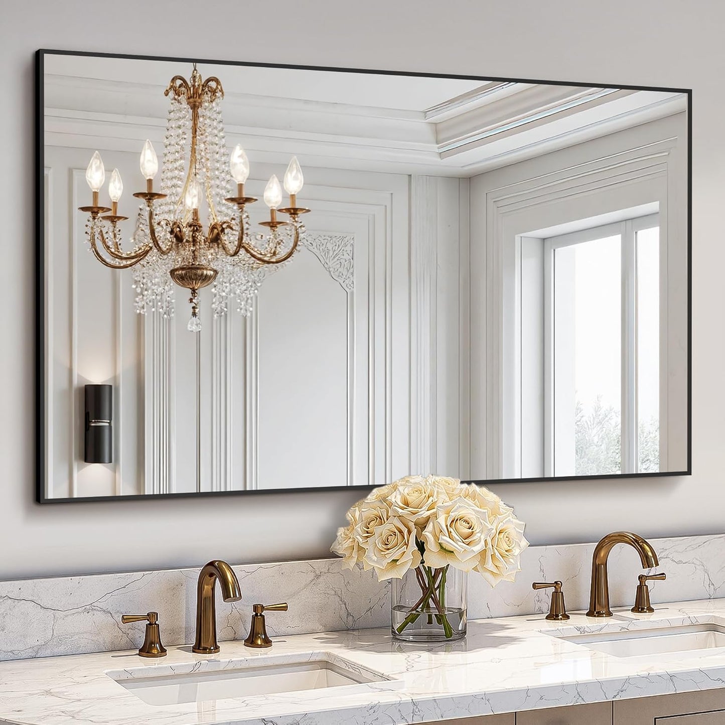 Bathroom Vanity Mirror for Wall, 48" x 30" Metal Framed Rectangular Bathroom Wall Mirror for Over Sink, HD Shatterproof Glass, Hangs Horizontally or Vertically(Black)