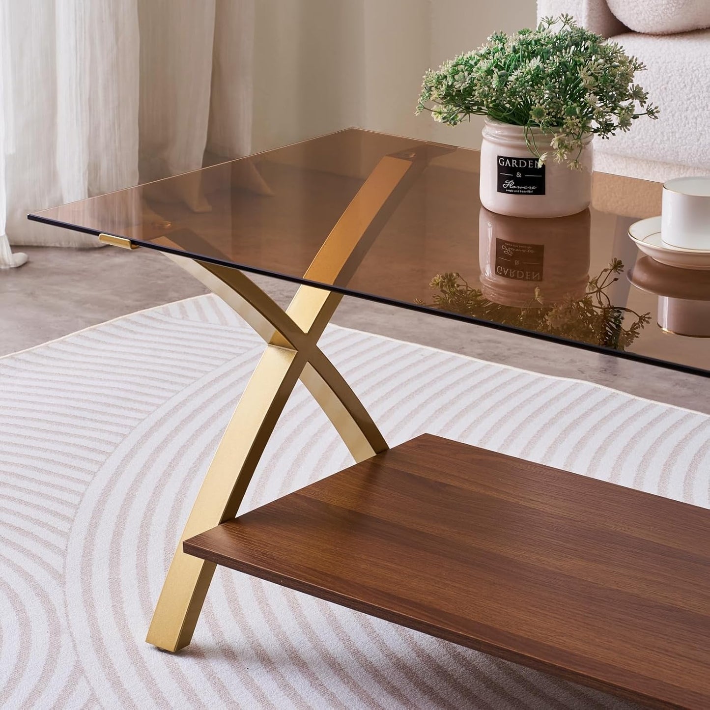 Coffee Table for Living Room and Bedroom, 2-Tier Mid-Century Modern Table with Amber Tempered Glass Top and Walnut Finish Wood Shelf, Strong Metal Legs with Gold Finish