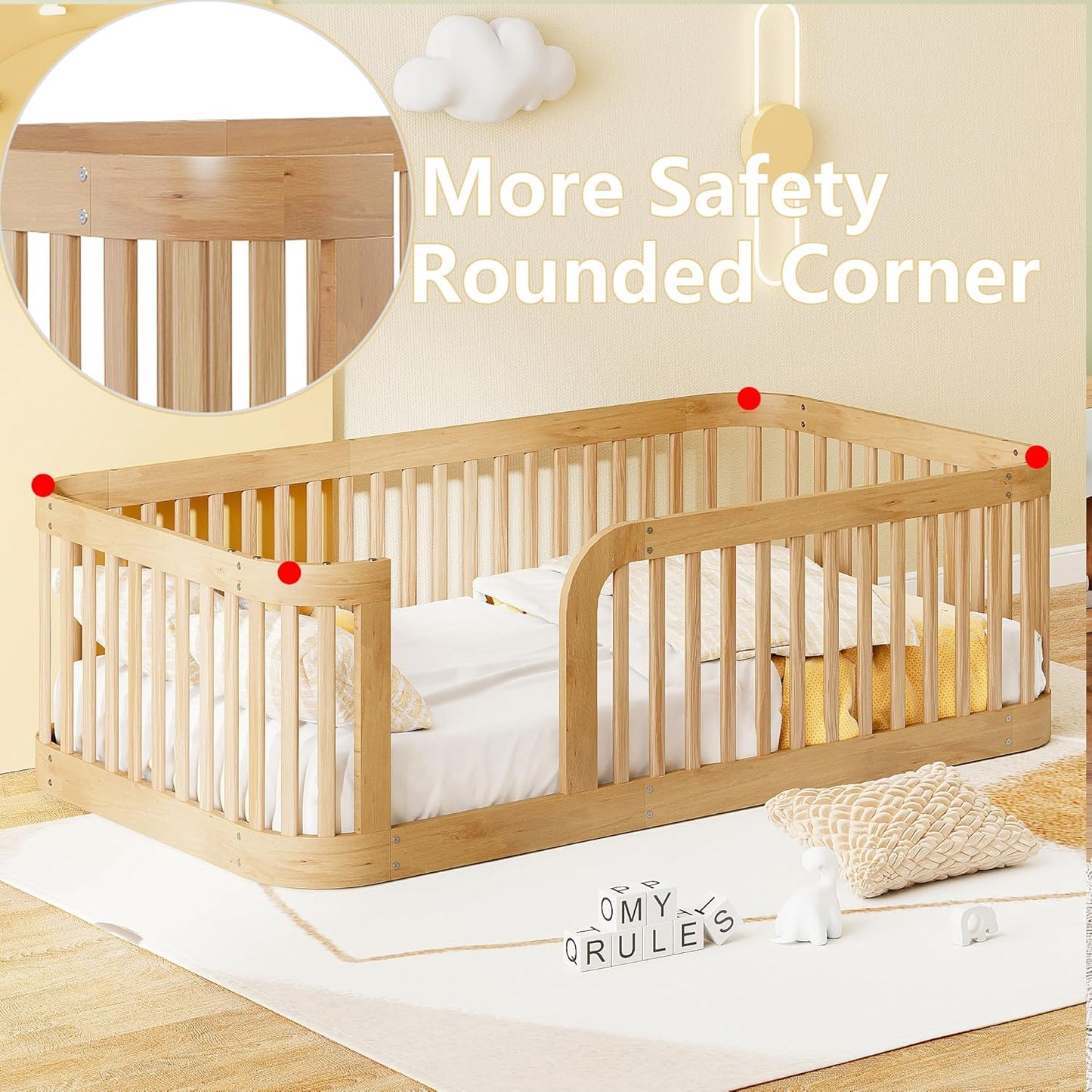 Bellemave Twin Floor Bed with High Fence and Rounded Corner Design, Wood Montessori Floor Bed with Guardrail and Entrance, Easy Assemble Montessori Bed Twin Size, Natural