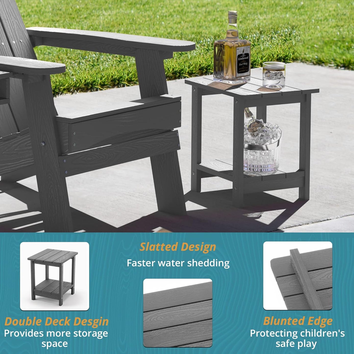 LUE BONA Adirondack Outdoor Side Table, 2-Tier Dark Grey HDPS Patio End Table Weather Resistant, Morden Side Table for Patio, Pool, Porch