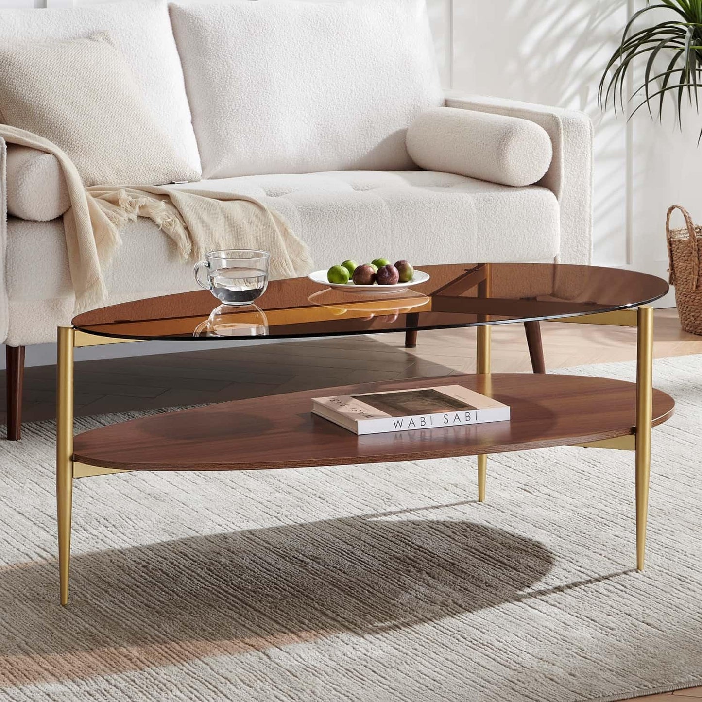Oval Glass Coffee Table, Mid-Century Modern Design, L43 x W21 x H17 inch, for Living Room, 2-Tier Structure, Amber Glass Top, Walnut Finish Wood Shelf & Gold Finish Frame