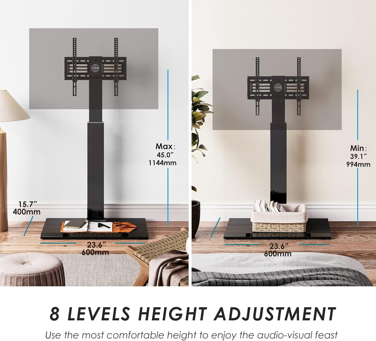 FITUEYES Iron Base Universal Floor TV Stand with Swivel Mount for 32-65 Inch LED LCD OLED Plasma Flat Panel or Curved Screen TVs Height Adjustable with Wire Management (Black)