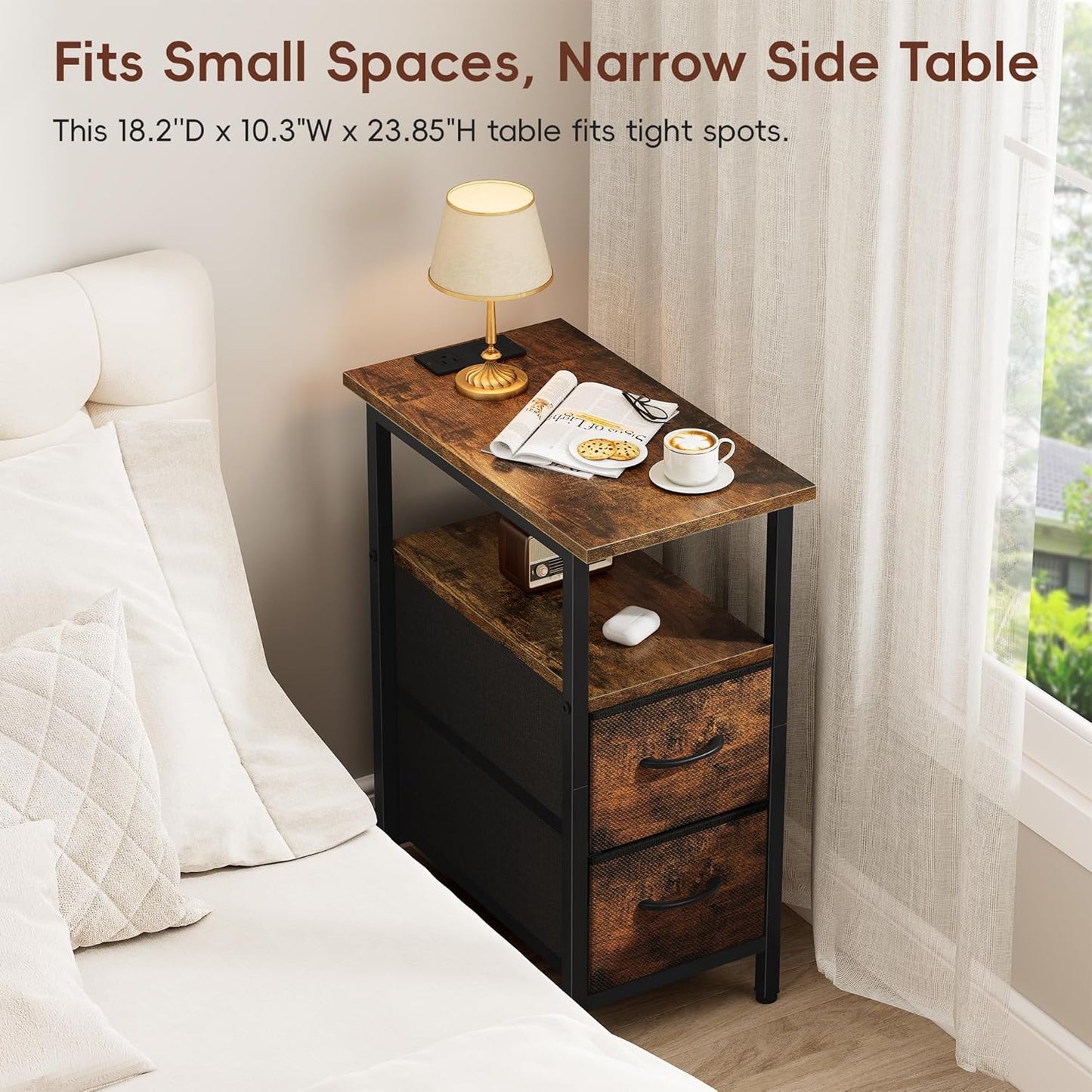 Vagusicc Set of 2 Nightstand with Charging Station and LED Lights, Narrow Side Table, LED Night Stand with 2 Fabric Drawers, Bedside Table Small End Table, Tall Nightstand for Bedroom, Rustic Brown