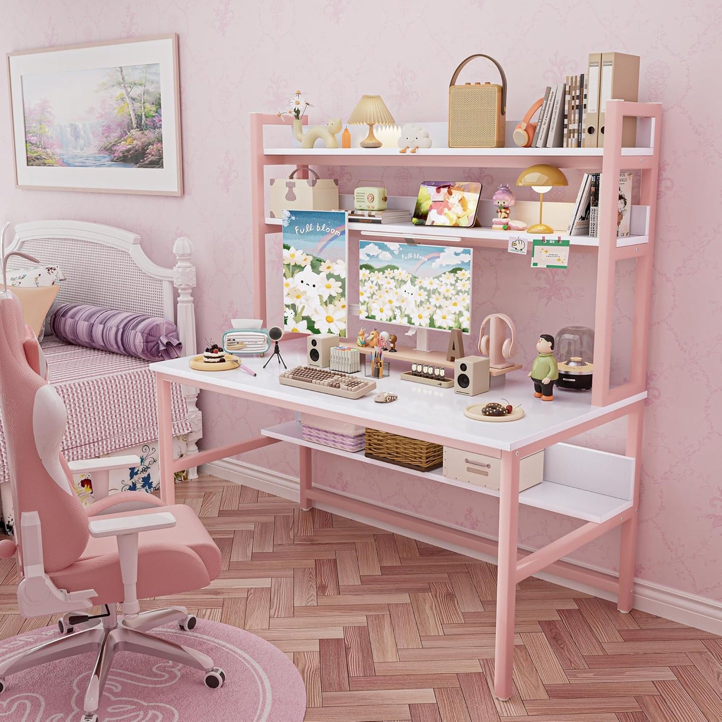 Aquzee Pink Desk with Hutch for Girls, 55in Computer Desk with Bookshelf for Teens Adults, Craft Table for Bedroom Kids Room, White Pink Study Table with Shelves for Storage