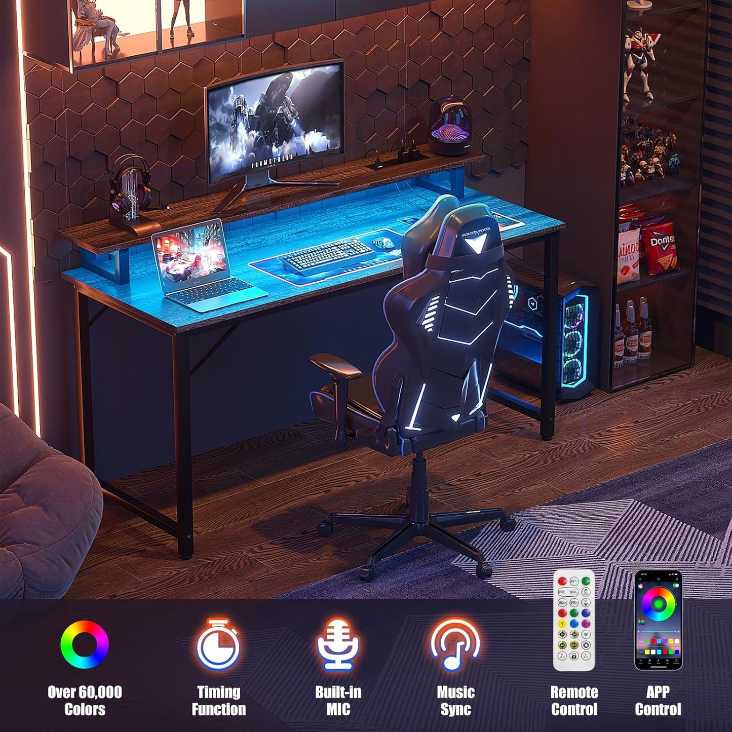 Computer Desk with USB Power Outlets and LED Lights, 47 inch Gaming Desk with Monitor Stand for Small Space Home Office, Modern Simple Study Writing Table PC Desks, Black Oak