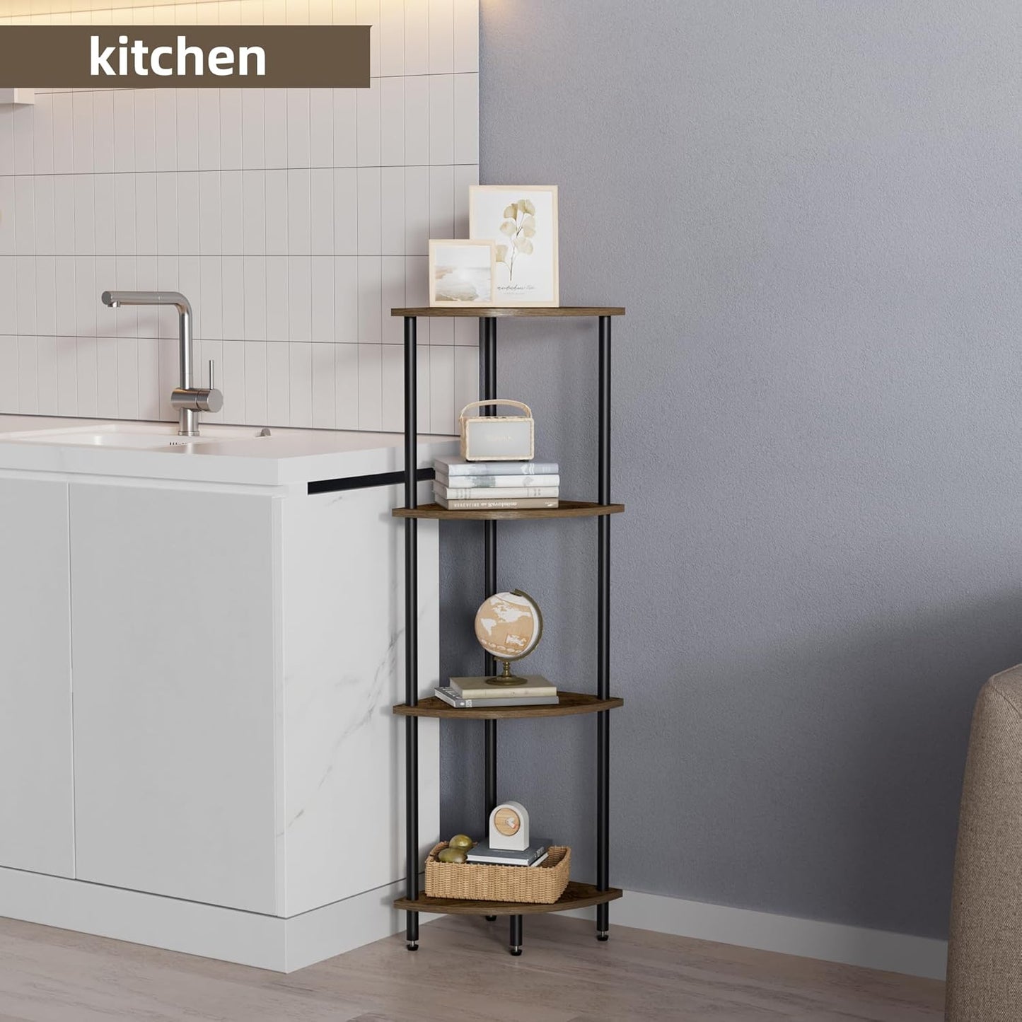 4 Tier Corner Shelf, Bookcase for Small Spaces, Corner Display Shelf, Plant Stand, Rustic Brown and Black,Suitable for Bedroom,Living Room,Kitchen