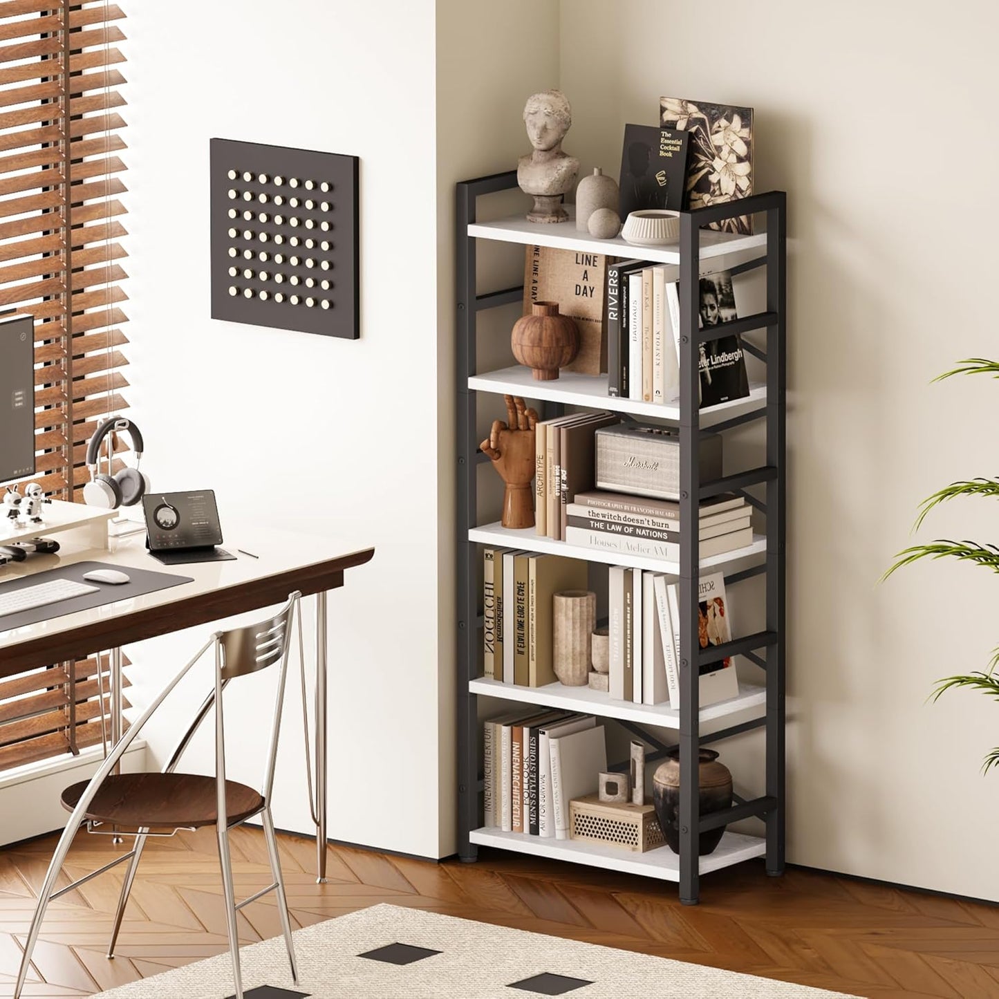 Homeiju Organization and Storage, 5 Tier Bookshelf, Tall Bookcase with Shelves, Wood and Metal Book Shelf Storage Organizer, Industrial Display Standing Shelf Unit for Bedroom, White