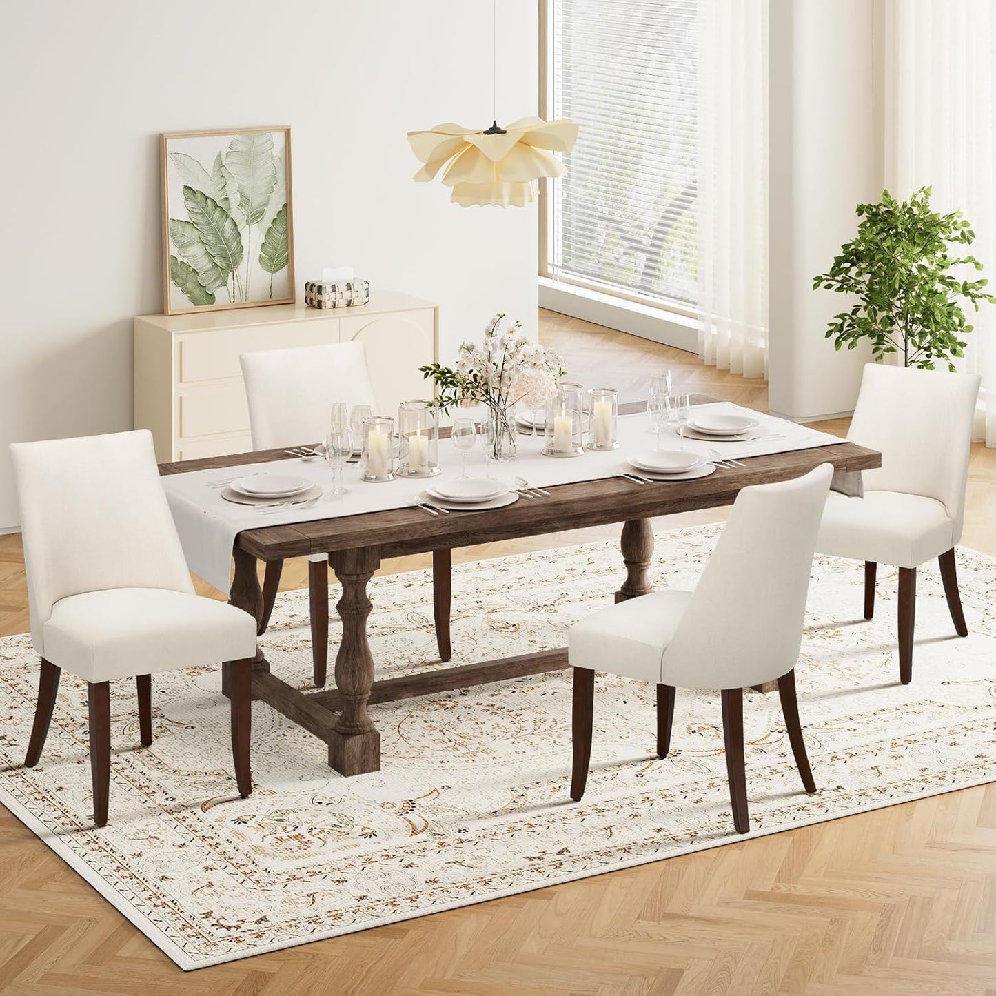 COLAMY Upholstered Dining Chairs Set of 4, Mid Century Modern Kitchen Chairs with Back, Farmhouse Fabric Side Dining Room Chairs with Wood Legs for Dining Room Restaurant, Beige