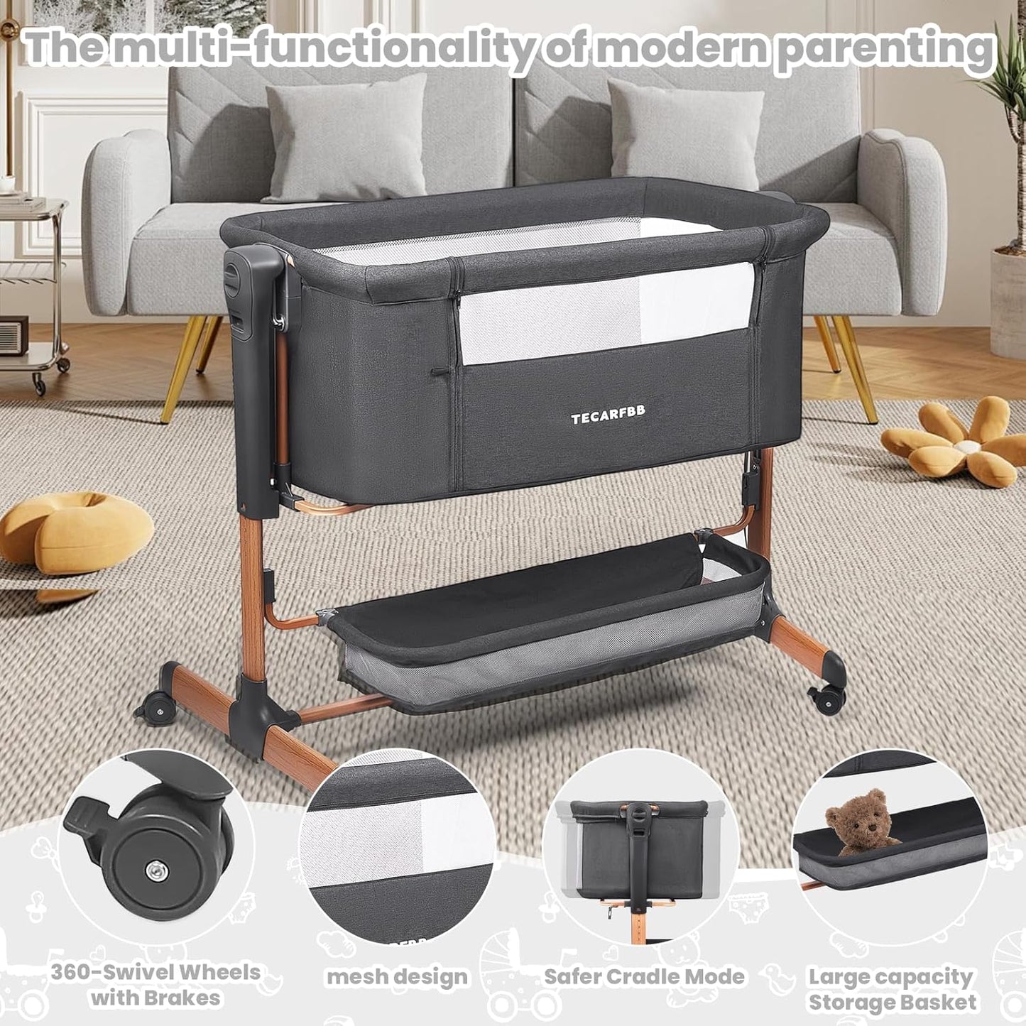 Baby Bassinet, 3 in 1 Bedside Sleeper for Newborn, Bedside Bassinet for Baby with 6 Adjustable Height, Soft Mattress, Compact, Easy to Fold