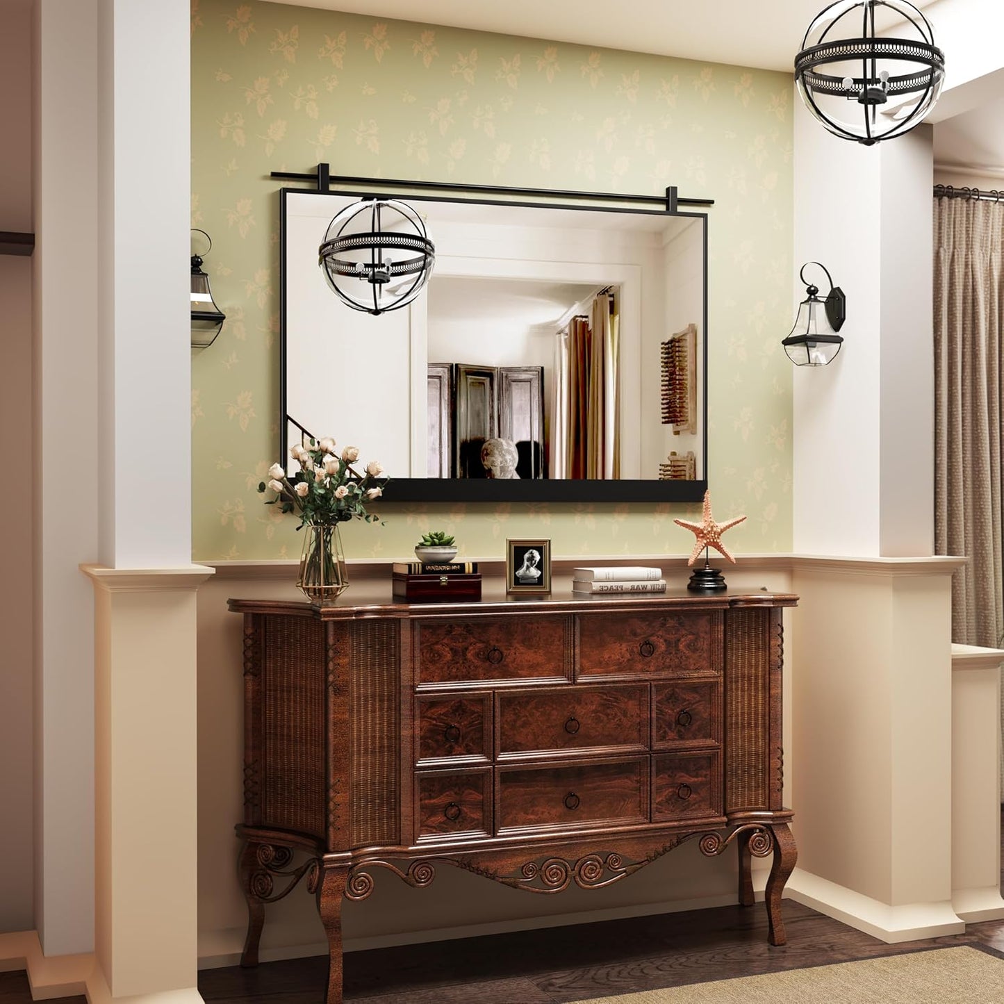 40x28 Inch Rectangle Bathroom Vanity Mirror for Wall Mounted Over Sink Farmhouse Rustic Matte Black Frame Barn Door Mirrors Foyer Entryway Decor