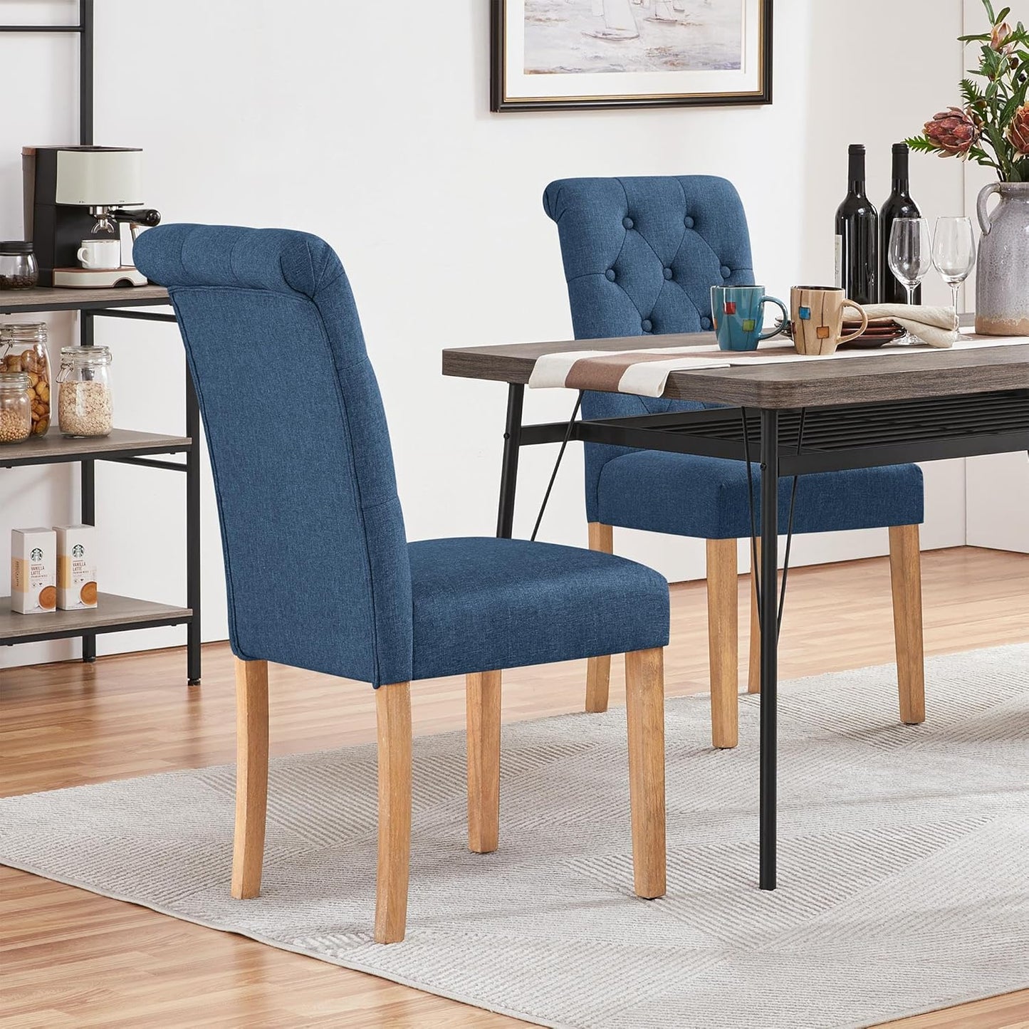 Yaheetech Dining Chairs Set of 4 Fabric Upholstered Dining Room Chairs with Button Tufted High Back and Solid Wood Legs for Kitchen/Living Room/Restaurant, Modern Style, Blue