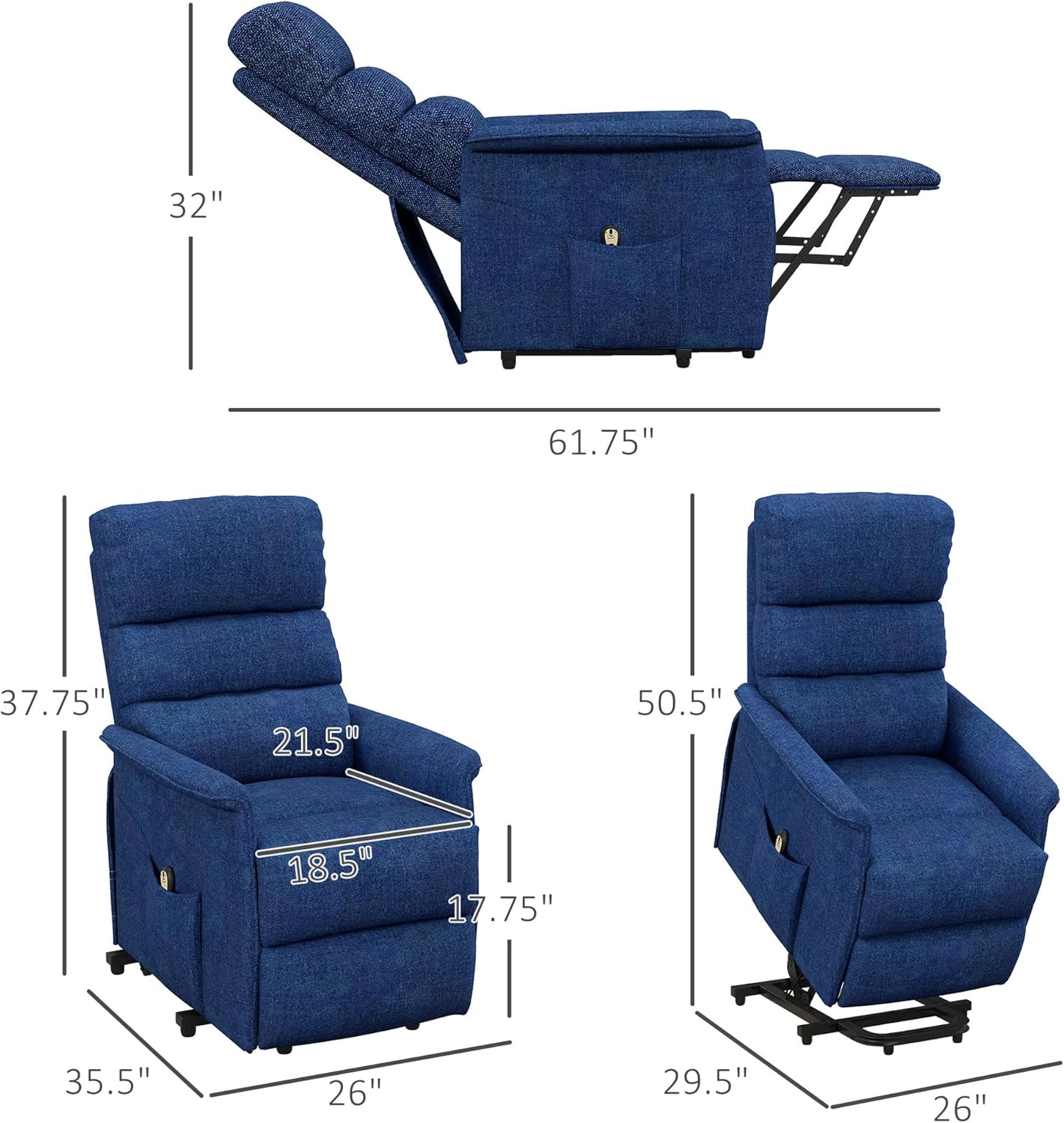 HOMCOM Power Lift Recliner Chair for Elderly, Easy Assembly, Fabric Lift Chair for Adults, Recliner Sofa with Remote Control, Side Pockets for Living Room, Dark Blue