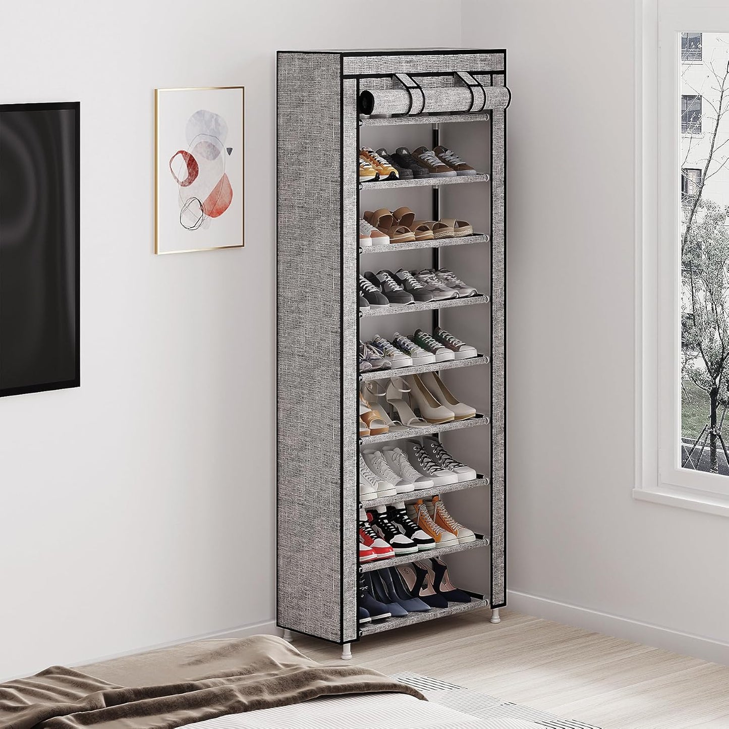 Calmootey 9 Tier Shoe Rack Organizer,Portable Shoe Shelf with Nonwoven Fabric Cover for Closet Hallway,Bedroom,Entryway, Ash Grey
