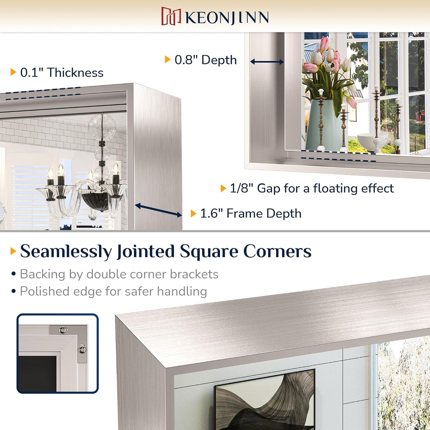 Keonjinn 48 x 30 in Brushed Nickel Bathroom Vanity Mirror, Rectangular Silver Metal Framed Wall-Mounted Mirror Square Corner Modern Farmhouse Rectangle Mirror for Over Sink(Horizontal/Vertical)