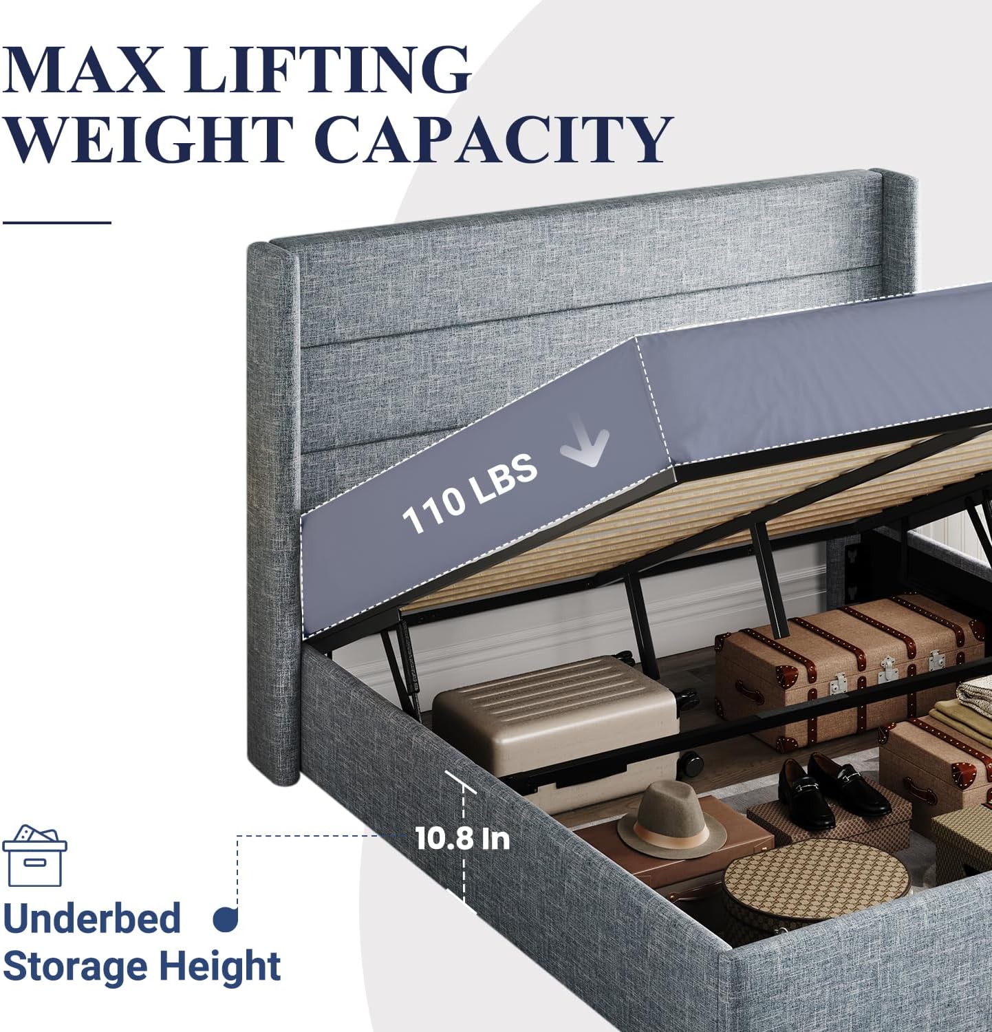 Allewie Full Size Lift Up Storage Bed, Modern Wingback Headboard, Hydraulic Support, No Box Spring Needed, Grey Blue