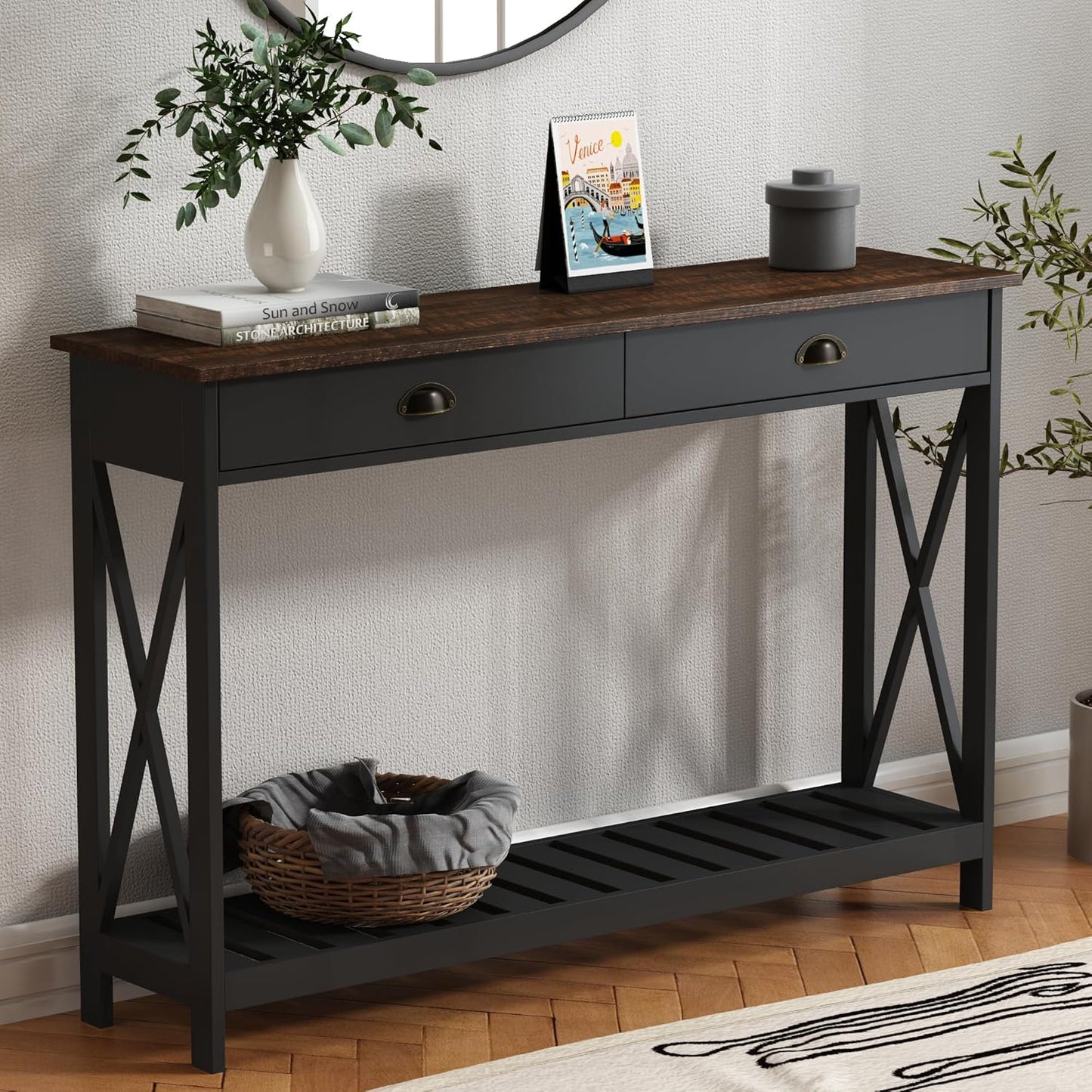 ChooChoo 47" Farmhouse Console Table with Drawer for Entryway, Narrow Long Entry Table with Shelf for Living Room, Rustic Vintage Hallway Sofa Table with Stable X Supports, Black
