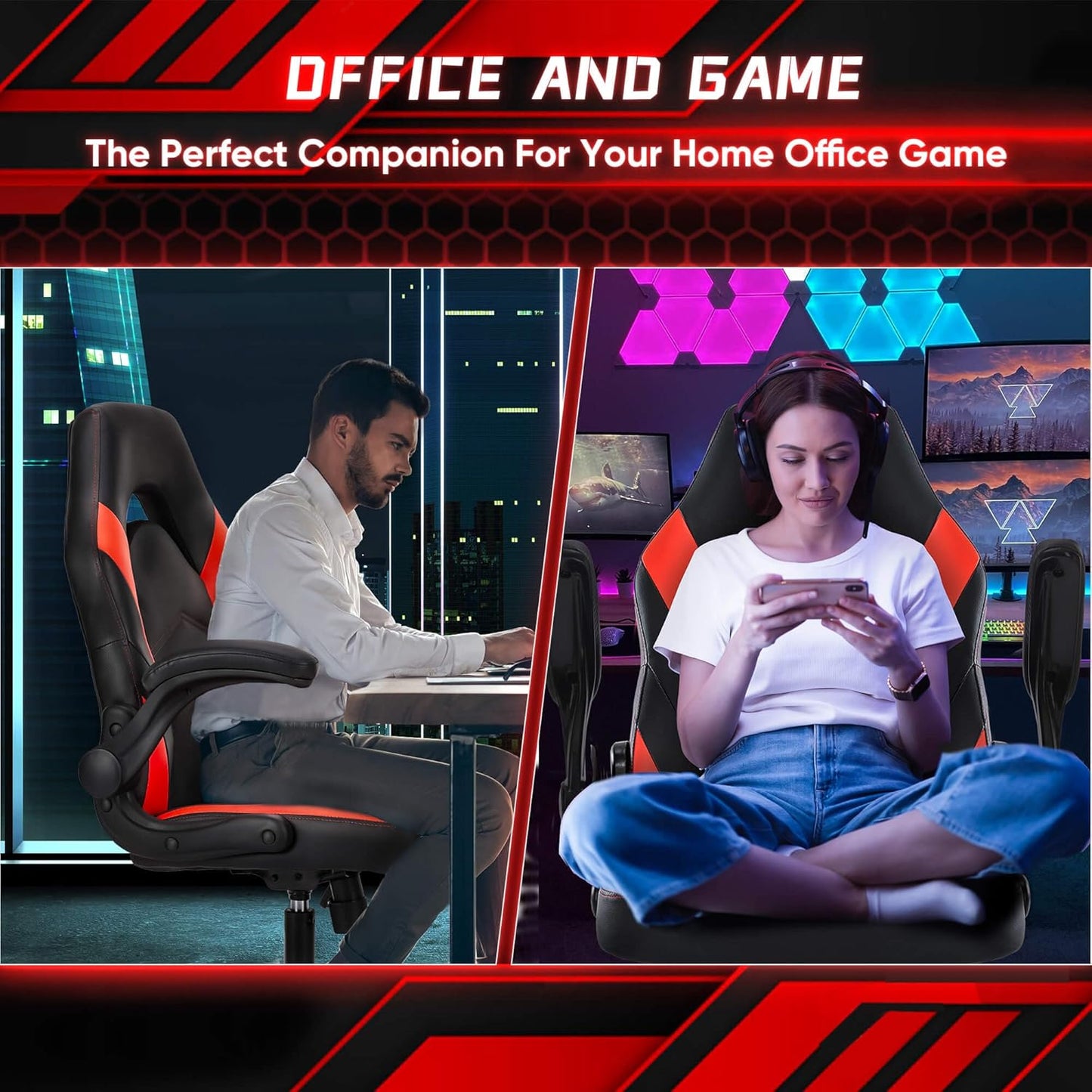 OLIXIS Computer Gaming Desk Chair - Big and Tall Ergonomic Comfy Lumbar Support with Flip-up Armrest and 360° Swivel Wheels, PU Leather Height Adjustable, for Home and Office, Red