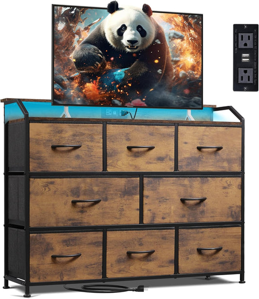 WLIVE Led Dresser for Bedroom, TV Stand for Bedroom with LED Lights and Power Outlet, Wide Chest of Drawers for Hallway, 8 Fabric Drawers for Living Room and Entryway, Rustic Brown