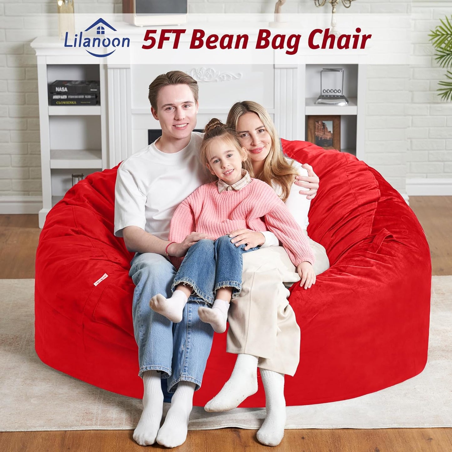 5FT Bean Bag Chair with Ultra Soft Velvet Cover Bean Bag Sofa with Memory Foam Bean Bag Chairs with Large Size Lazy Sofa for Dorm Office Living Room Bedroom Red 5'