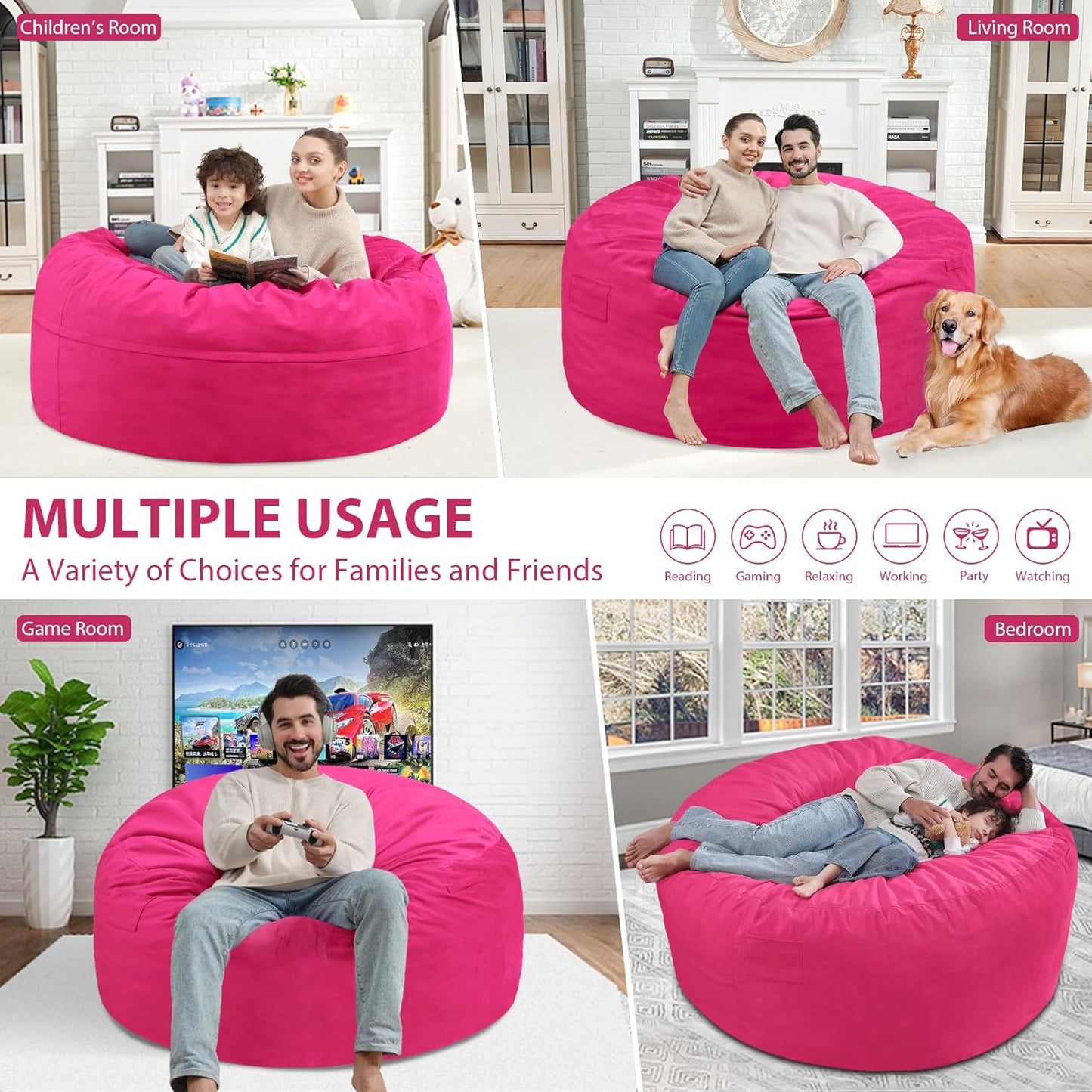 4FT Bean Bag Chair, Large Bean Bag Chairs with Memory Foam Filled, Fluffy Beanbag Sofa with Dutch Velvet Cover, Round BeanBag Chairs for Living Room, Playroom - Pink