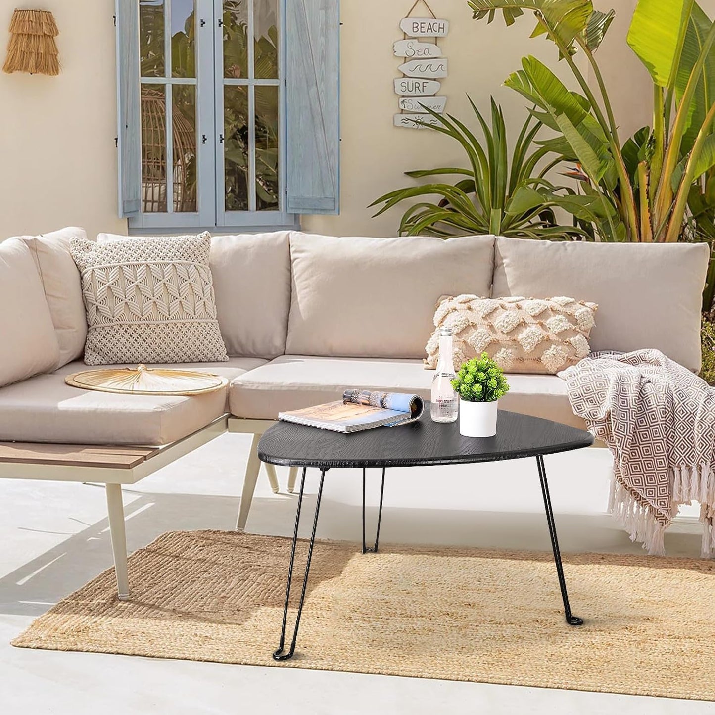 Black Folding Coffee Table Wooden Triangle Floor Table Desk for Sitting on The Floor Coffee Tables Small Oval Coffee Table Mid Century Modern Center Sofa Table for Living Room Home Office