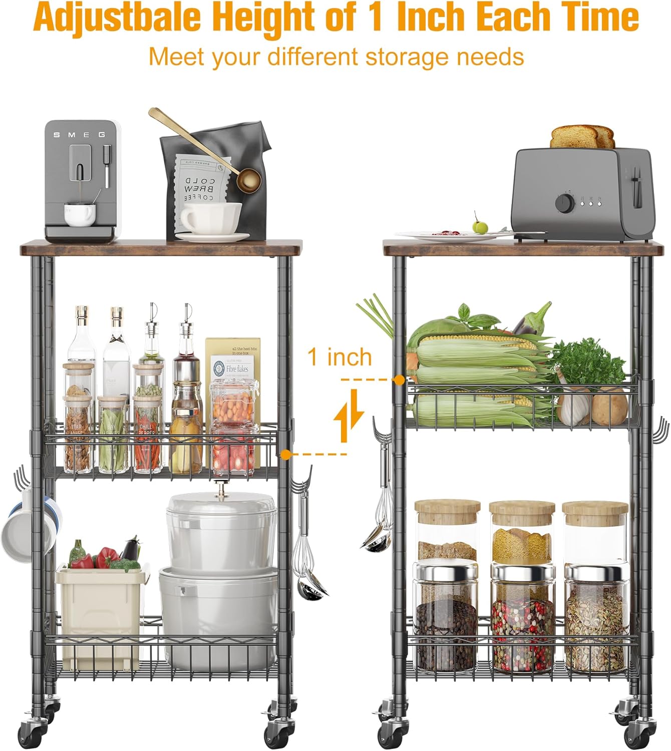 Rolling Kitchen Storage Cart, 3-Tier Storage Rack on Caster Wheels with Adjustable 2 Baskets, Coffee Station Cart Rack Shelf Organizer for Living Room Office, Balcony, Rustic Brown/Black