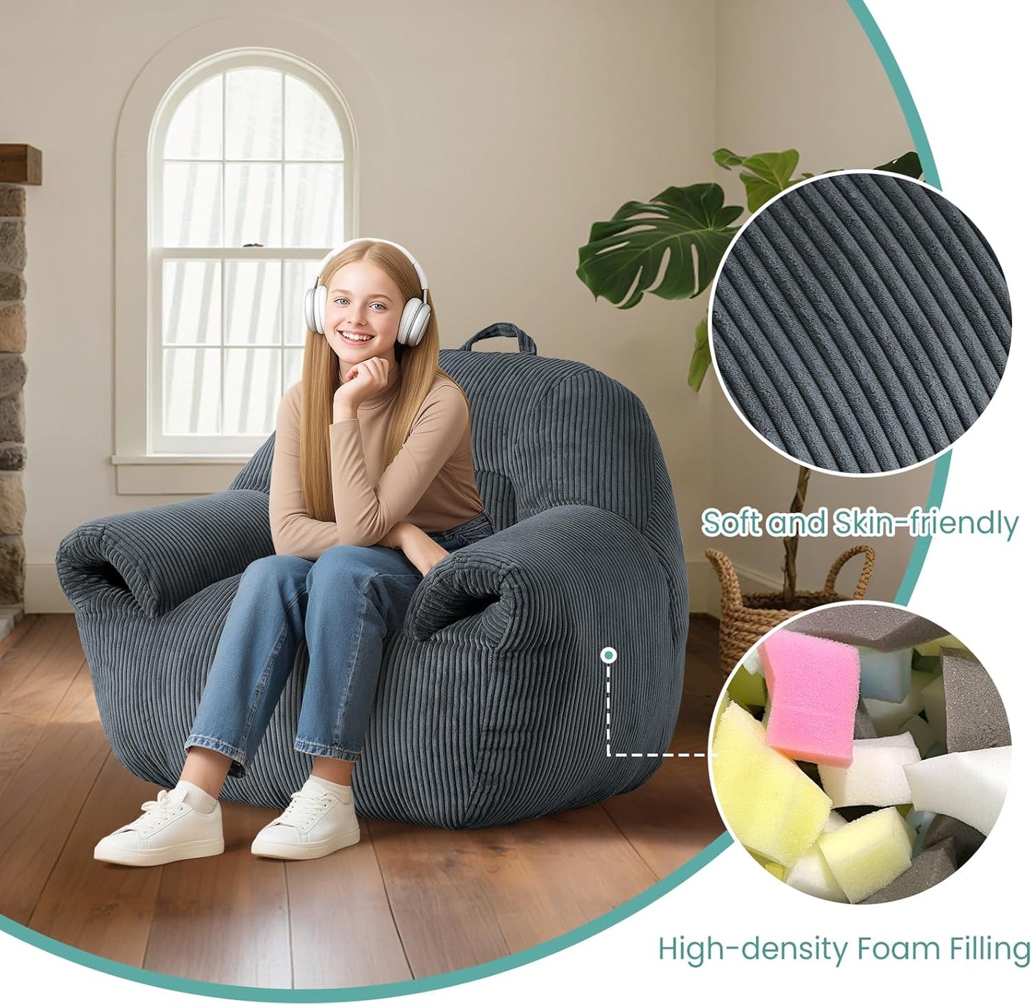 DAICO Bean Bag Chairs for Adults, Giant Bean Bag Chair Comfy Bean Bag Sofa with Handle Corduroy Single Lazy Floor Sofas Accent Chair with Foam for Bedroom Living Room Reading Gaming Grey