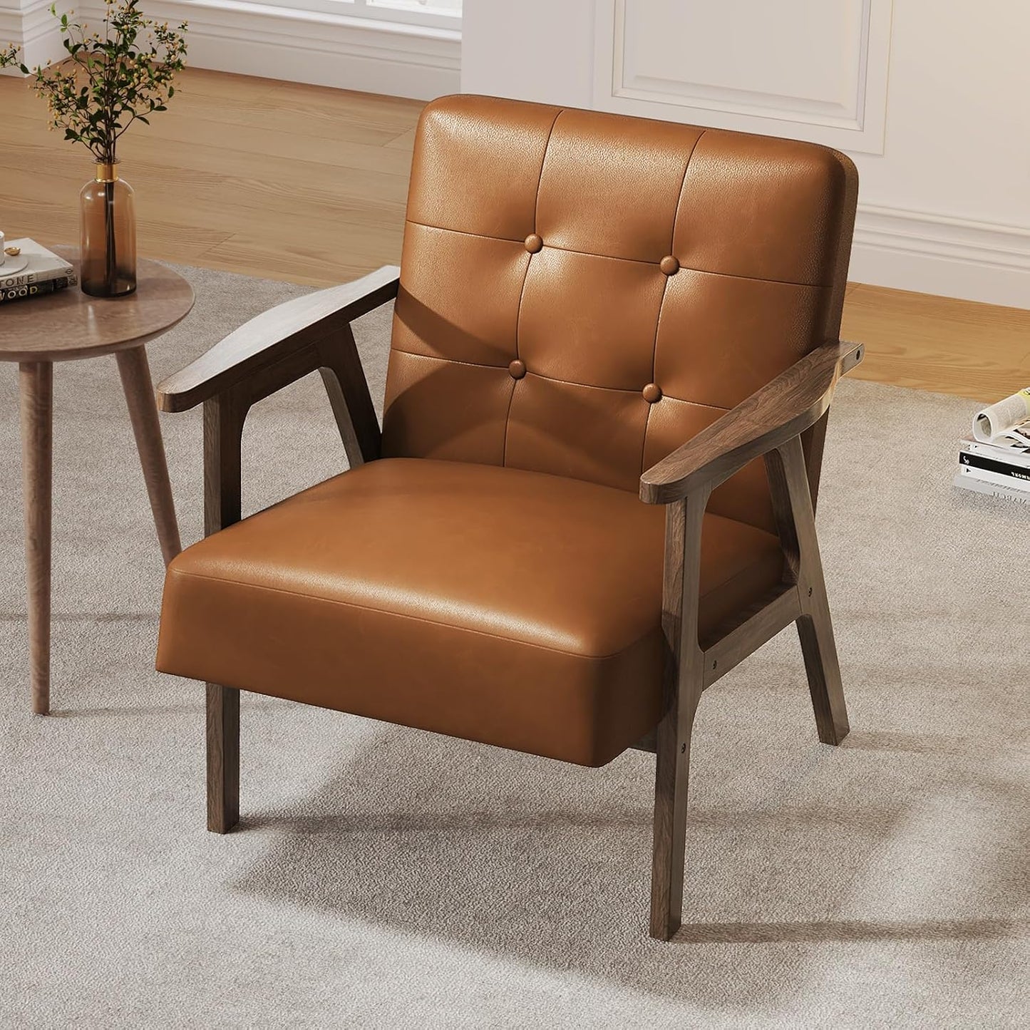Casaottima PU Leather Accent Chair Mid Century Comfy Cozy Chair with Solid Wood Legs,Modern Arm Reading Chair with Button Tufted Back for Living Room Bedroom (Dark Brown)