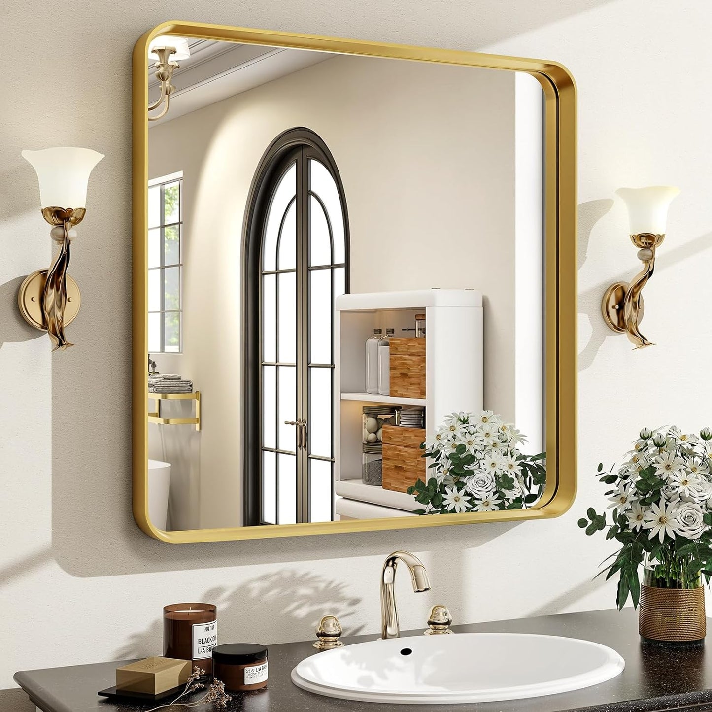 30"x 30" Gold Bathroom Mirror - Aluminum Framed Wall Mirror, Bathroom Wall Mounted Vanity Mirror, Modern Bathroom Mirror, Bedroom, Living Room Wall Mirror, Hang Horizontally or Vertically