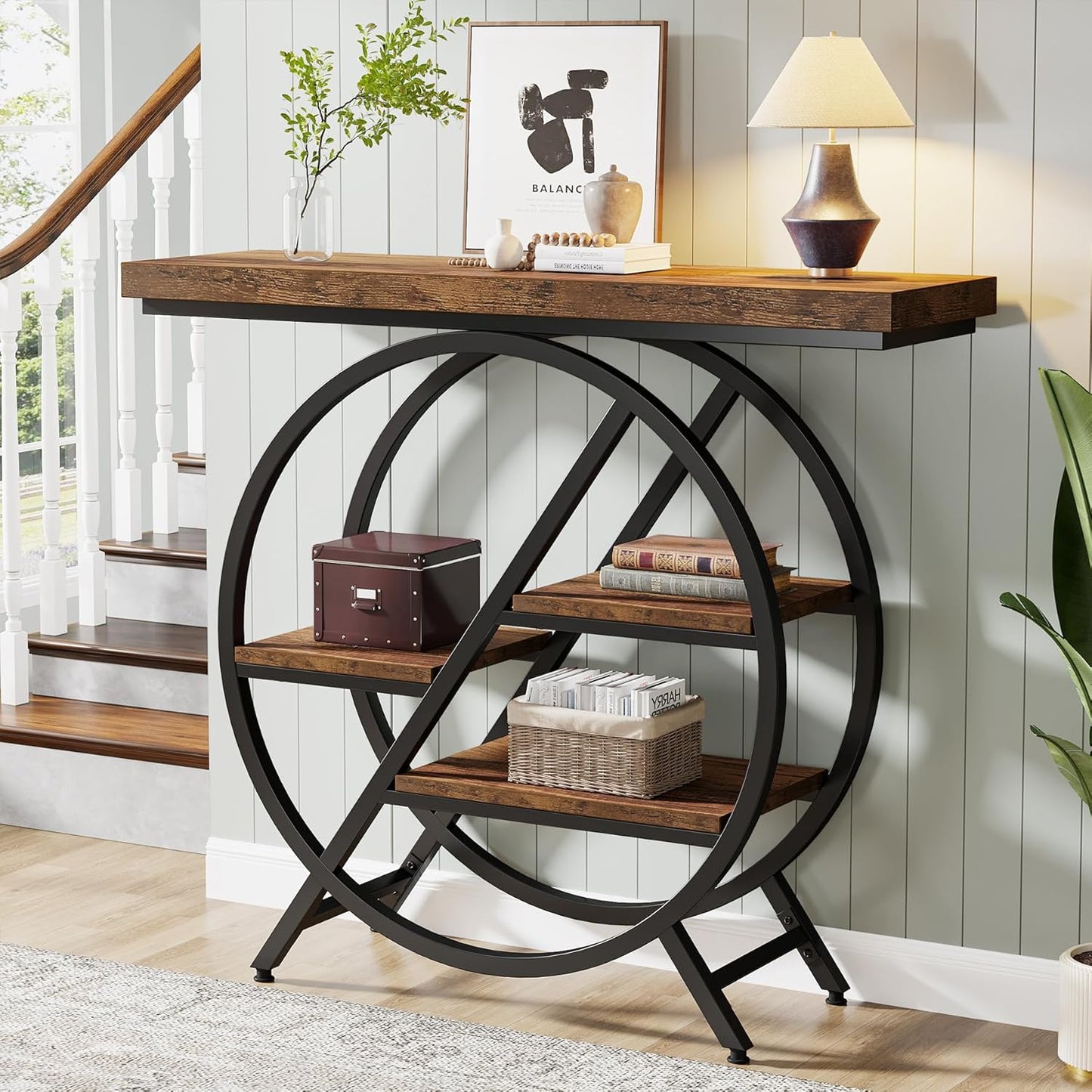 Tribesigns Console Table, 40-Inch Entryway Table with Storage Shelves, 4-Tier Industrial Hallway Sofa Table with Geometric Metal Frame, Accent Table for Living Room, Entryway, Rustic Brown