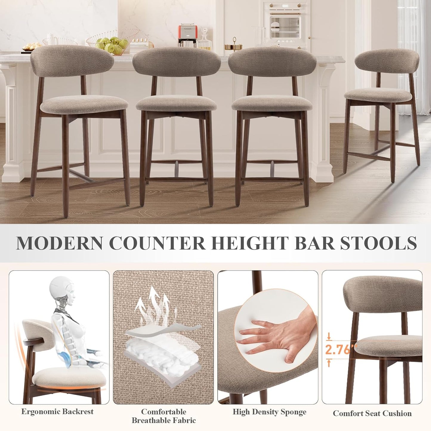 COLAMY Counter Height Bar Stools Set of 6, Kitchen Bar Stools with Back, Mid Century Modern Upholstered, with Wood Legs for Kitchen Island Dining Room, Camel