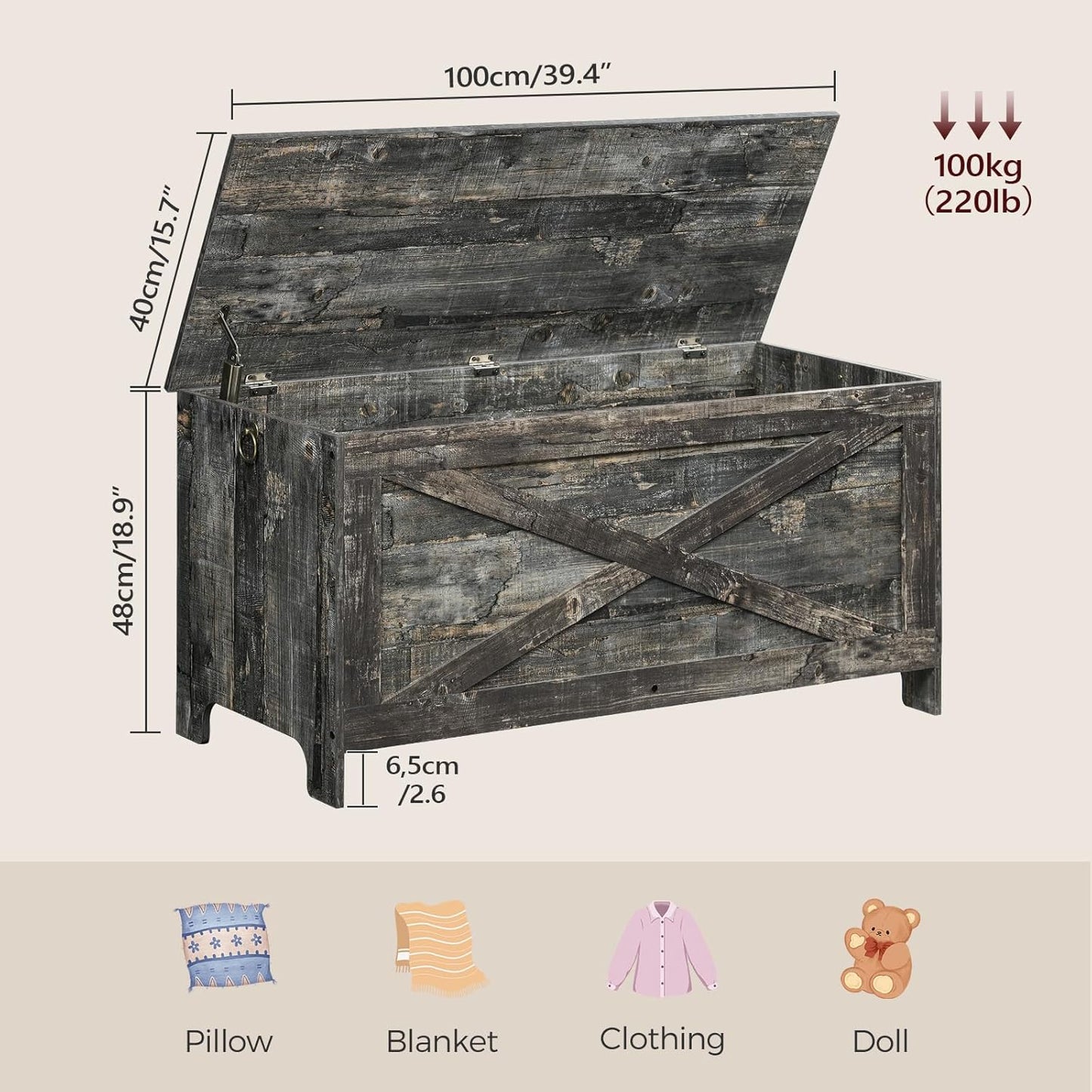 39.4" Toy Chest, Sturdy Entryway Storage Chest with Safety Hinges, Retro Toy Box, Wooden Look Accent Furniture for Living Room, Bedroom, Vintage Gray SCRP48101