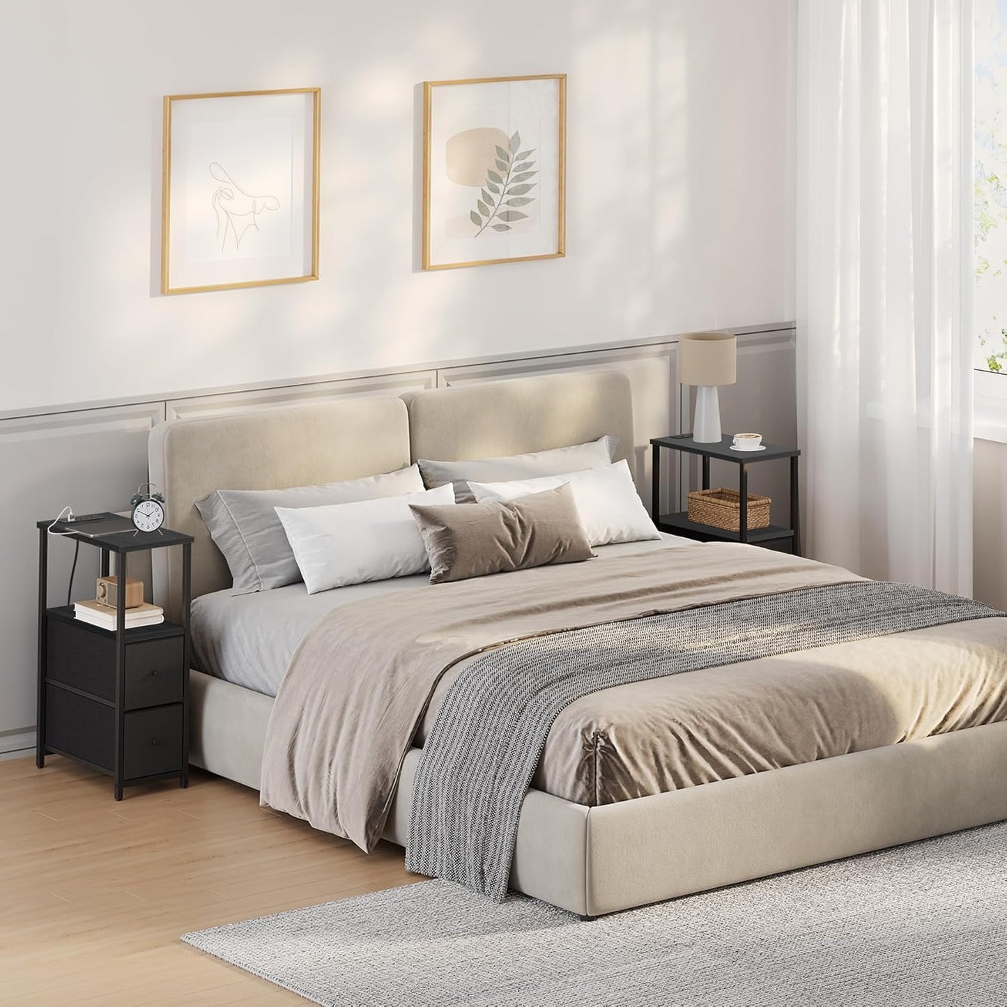 TUTOTAK Small Narrow End Table with Charging Station, Set of 2, Side Table with Outlets, Nightstand with 2 Cloth Drawers, Couch Table, for Living Room, Bedroom, Bedside, Black TB01BK055