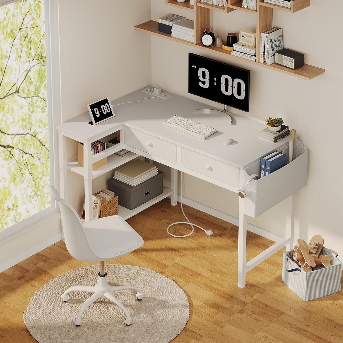 DLisiting Small White L Shaped Desk with Drawers & Storage Shelves, 40 Inch Corner Desk with Power Outlet for Small Space Home Office, Study Work PC Desks for Bedroom