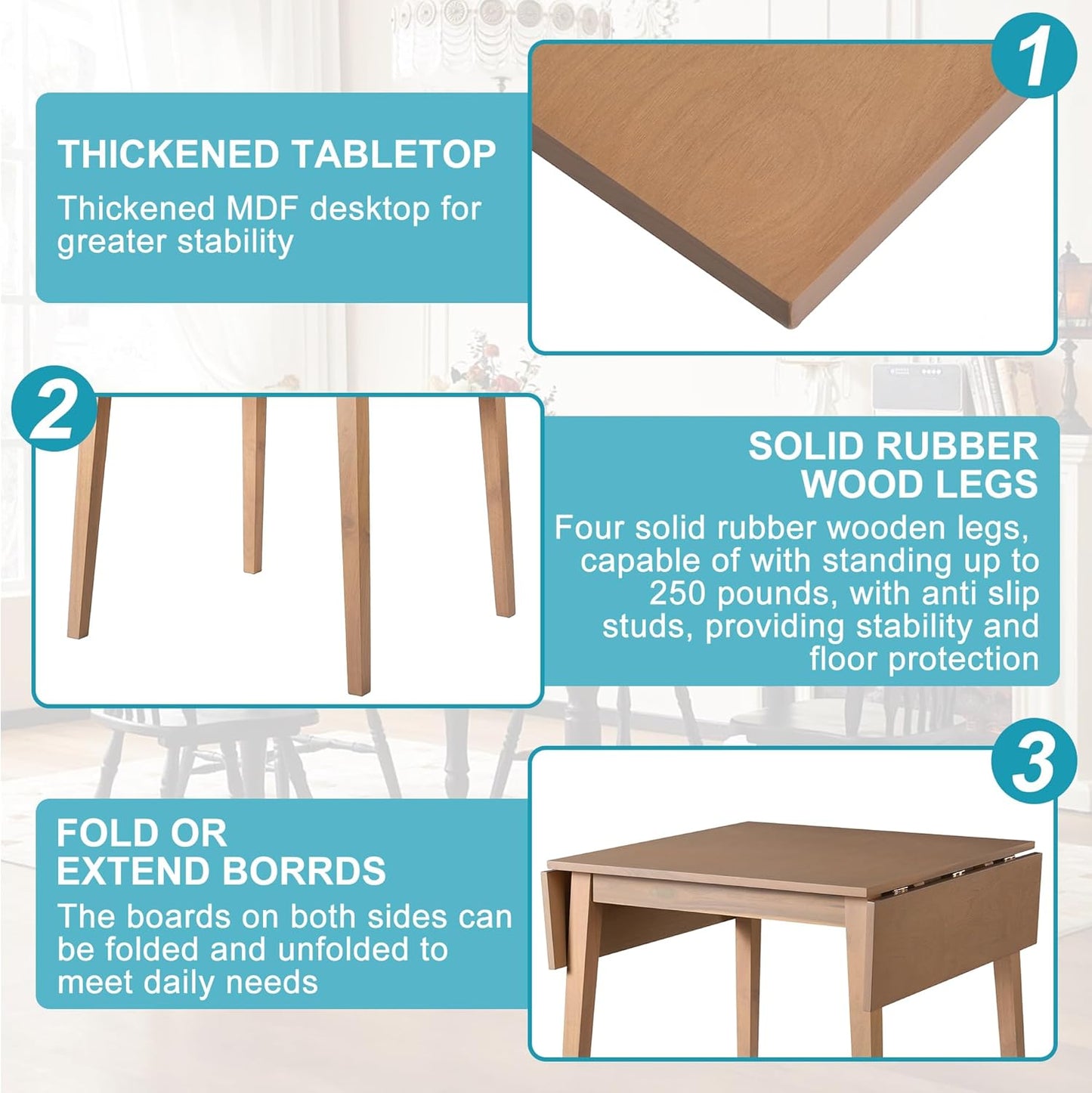 29"- 45" Extendable Dining Table for 2-4, Folding Square Dinner Table Small Kitchen Dining Room Tables with Wood Legs for Small Space, Kitchen, Living Room, Natural