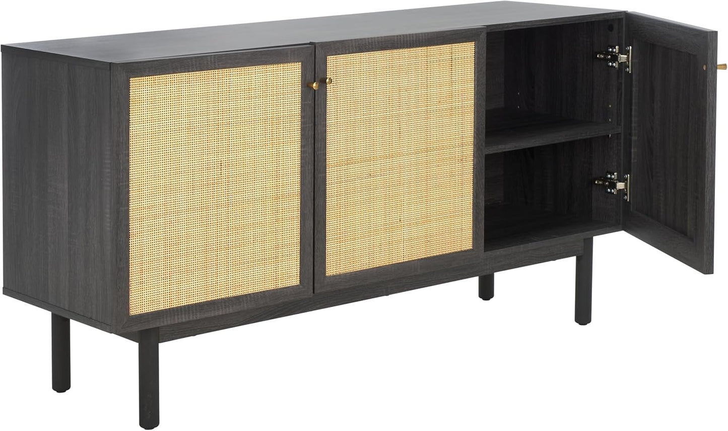 SAFAVIEH Aino TV Stand for up to 60" Flatscreen – Distressed Black with Rattan Mesh, 3 Doors with Interior Storage, Sideboard Cabinet, Entertainment Media Console (MED9618E)