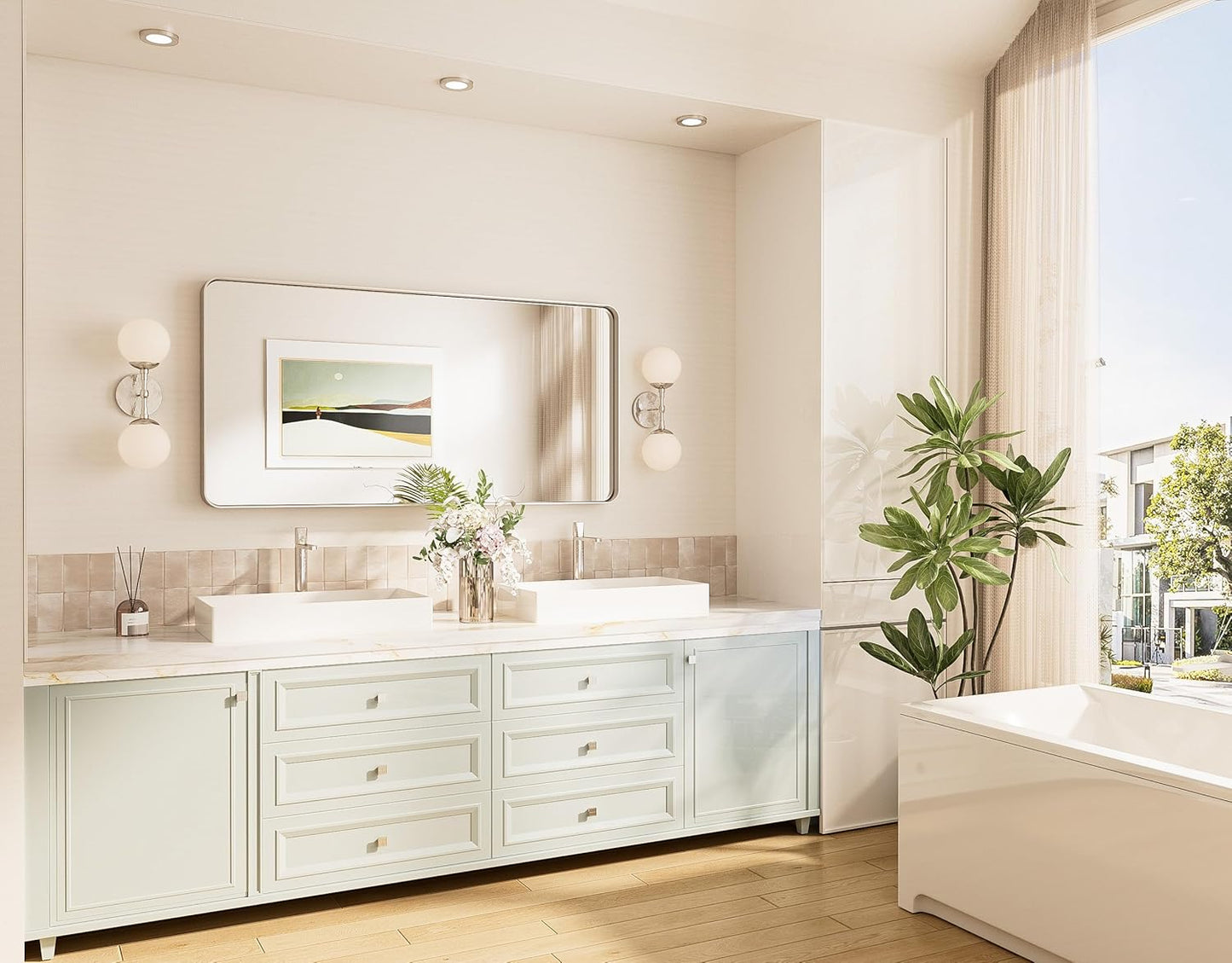 TokeShimi 42x36 Brushed Nickel Bathroom Wall Mirror Vanity Metal Frame Round Corner Rectangular for Home Decor Living Room Entryway (Horizontal/Vertical)