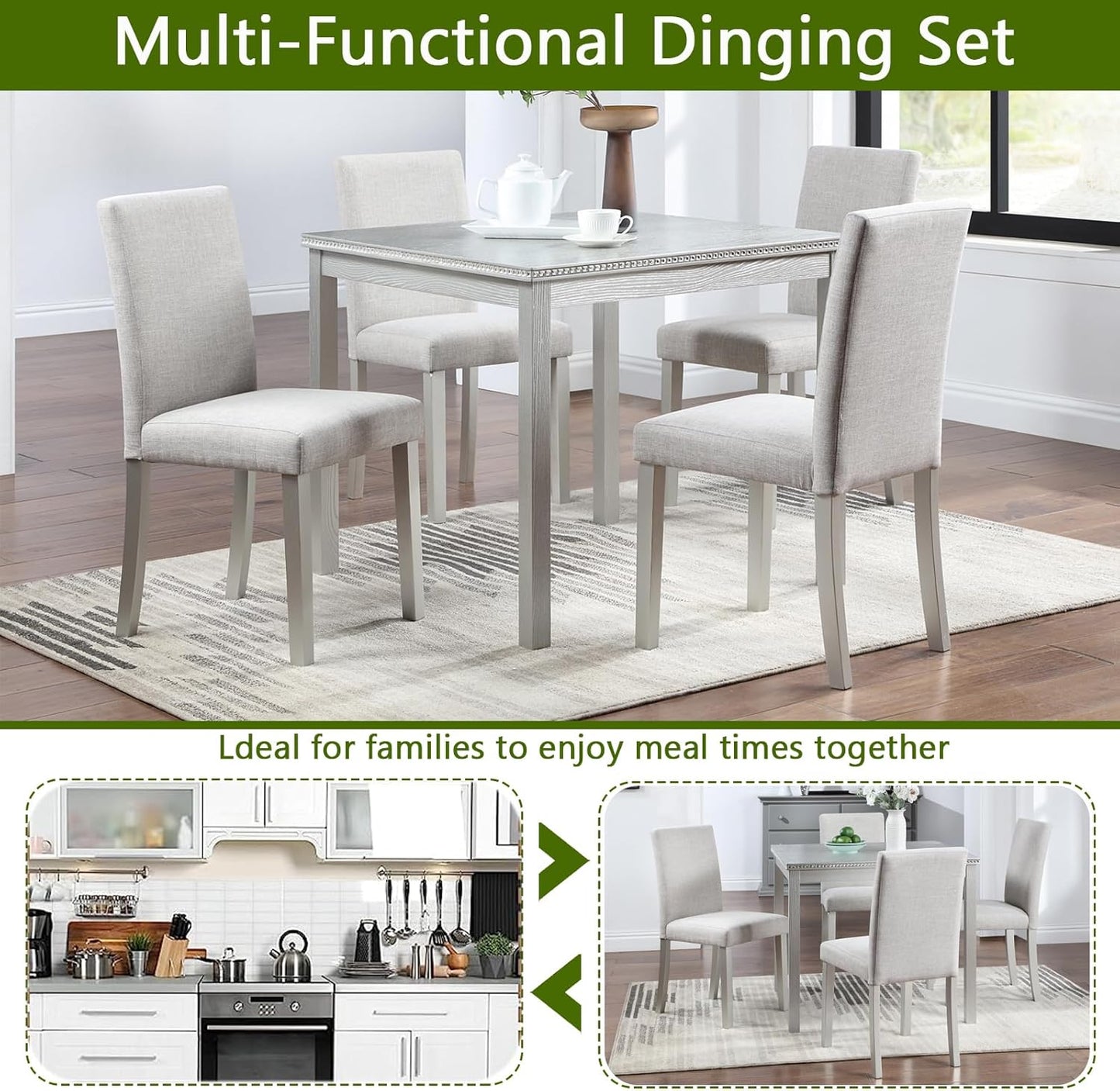 Ball & Cast 5 Piece Dining Table Set,Kitchen Table Set for 4 W/ 34.5" Square Wooden Dining Table,Living Room Furniture W/ 4 Upholstered Chairs,for Dining Room,Kitchen,Restaurant,Silver Gray