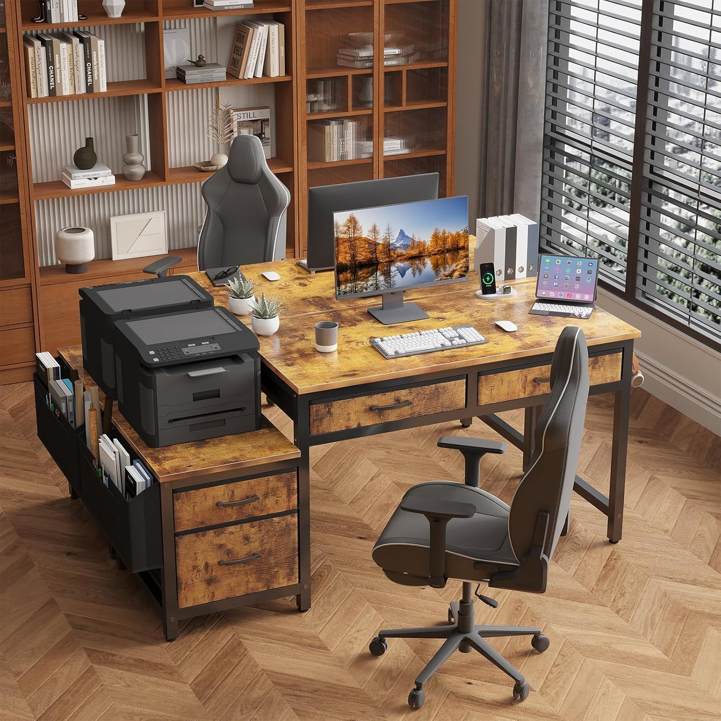 Lufeiya Computer Desk with Fabric File Drawers Cabinet, 57 Inch Home Office Desks with Filing Cabinet Printer Stand for Small Space, Study Writing Table PC Desks for Bedroom, Brown