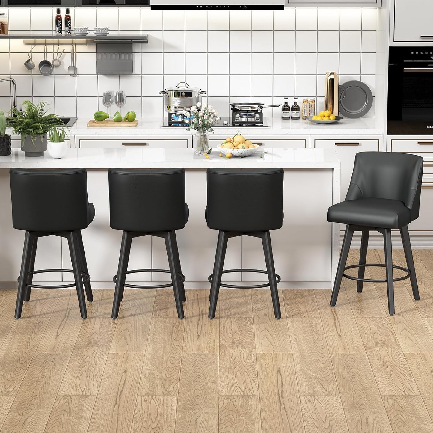Counter Height Swivel Bar Stools Set of 2, 26 Inch Bar Stools with Footrest, Faux Leather Upholstered Barstools with Back and Solid Wood Legs for Kitchen Island, Dining Room,Pub,Black