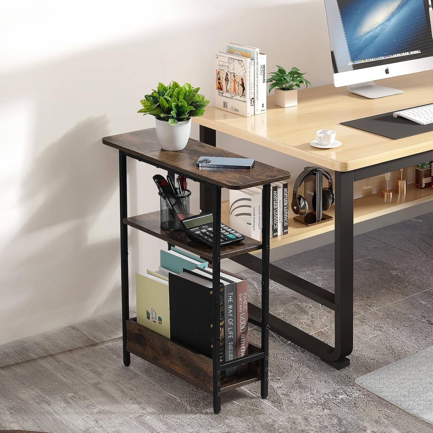 Narrow Side Table for Small Spaces, 3-Tier Small End Table with Storage Shelf and Magazine Holder, Slim and Skinny Nightstand for Bedroom, Living Room Sofa Table for Space Saving, Brown