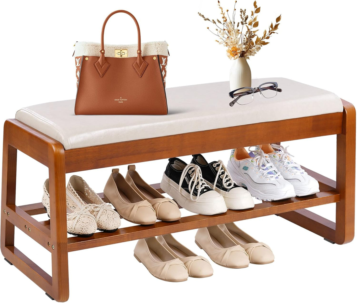 Shoe Bench Storage Rubberwood with Leather Cushion 31.5", Waterproof Easy to Clean 550LBS Organizer Shoe Rack for Entryway, Hallway, Mudroom, Front Door