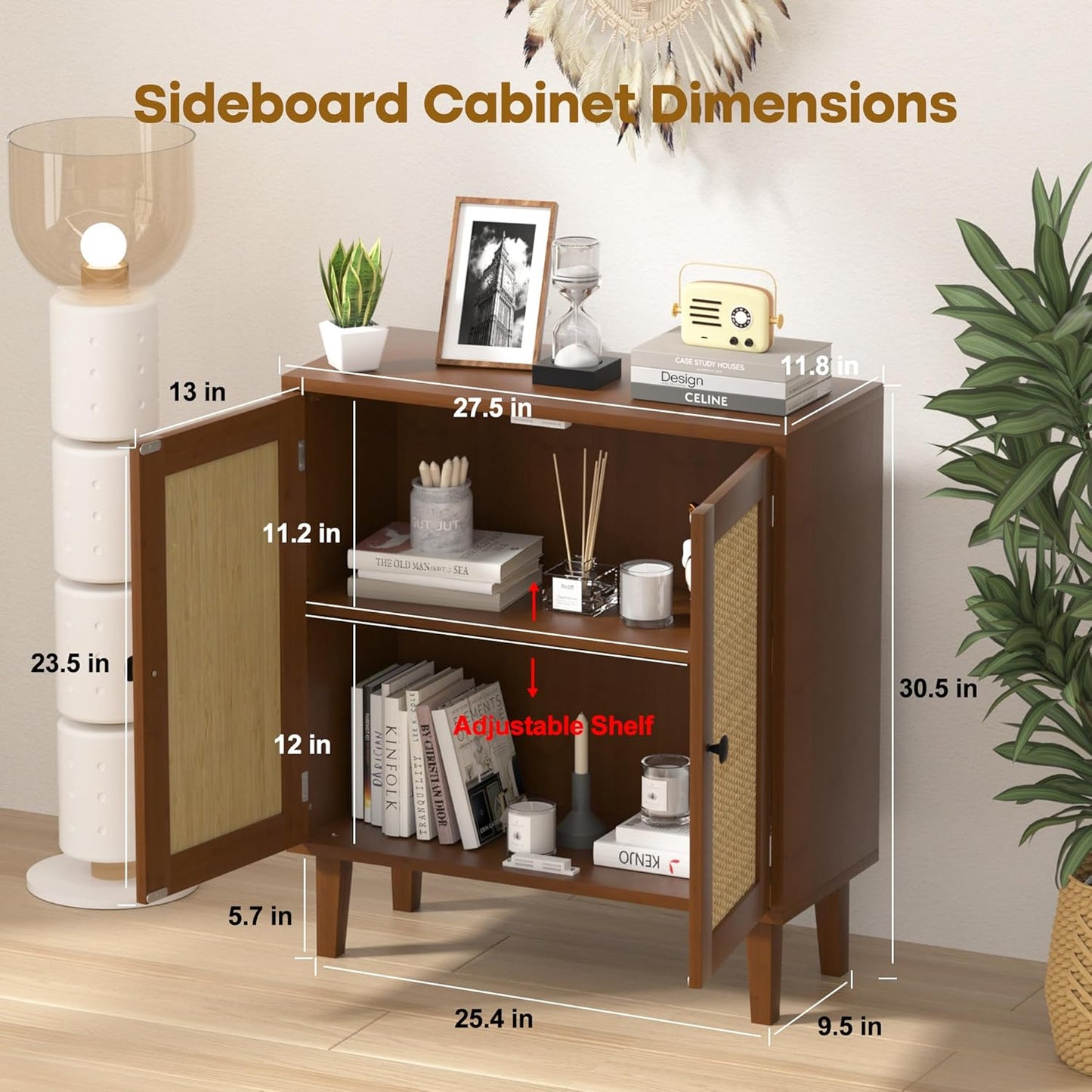 Bamboo Sideboard Buffet Cabinet with Rattan 2 Doors Kitchen Cupboard Accent Entryway Living Room Cabinet Chestnut Brown