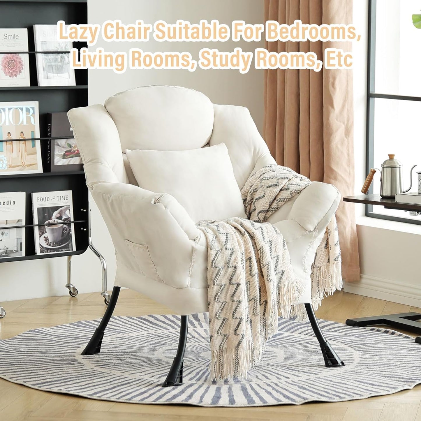 Lazy Chair with Pillow for Living Room, Modern Lounge Accent Chair with Armrests, Leisure Sofa Chair Set, Reading Chair for, Bedroom, Dorm Room, Office, Beige